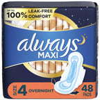 Always Maxi Feminine Pads for Women, Size 4 Overnight Absorbency, with Wings, Unscented, 48 Count