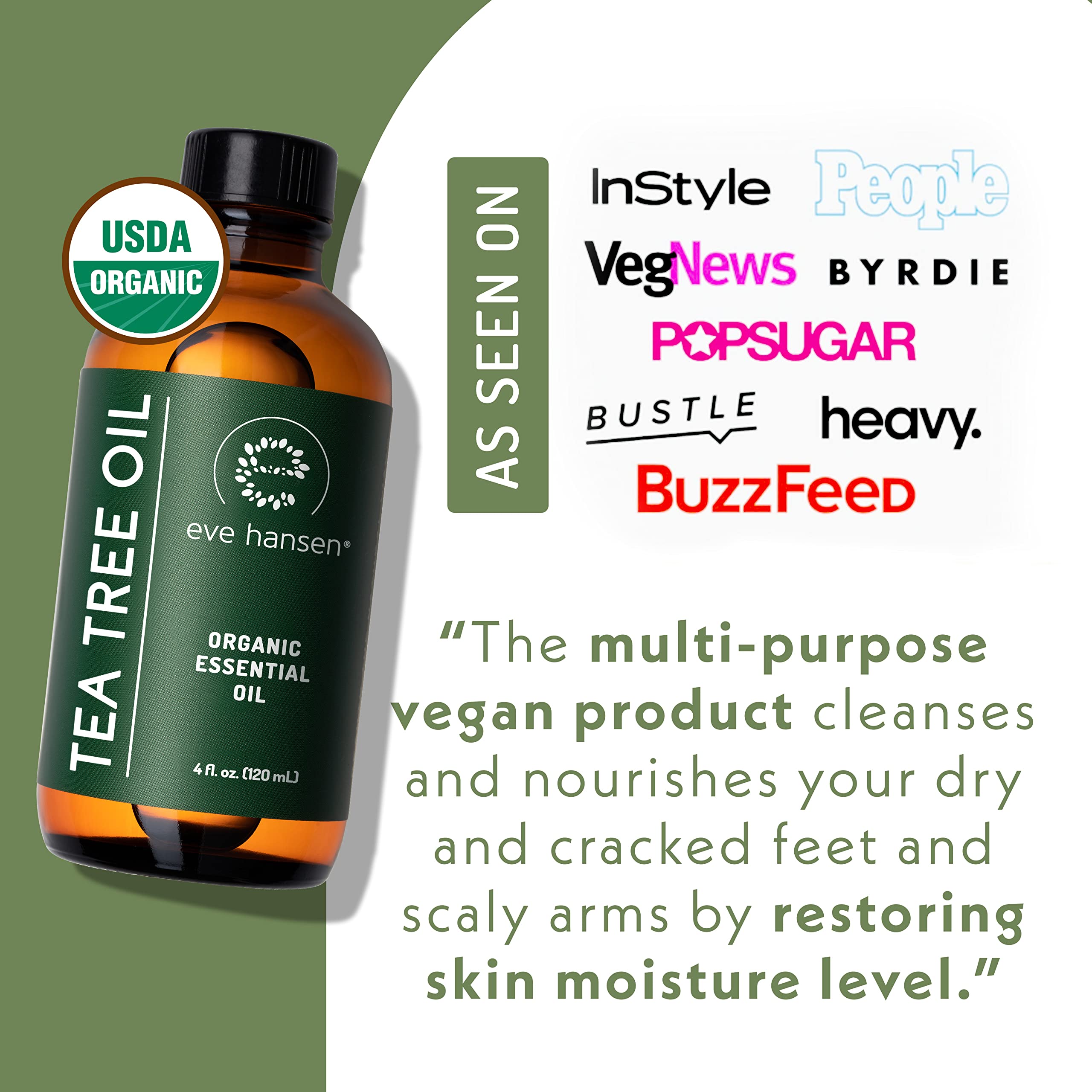 Eve Hansen Organic Tea Tree Oil (4oz) | Melaleuca Alternifolia | Pure Tea Tree Essential Oil for Skin, Scalp, Nails and Aromathe