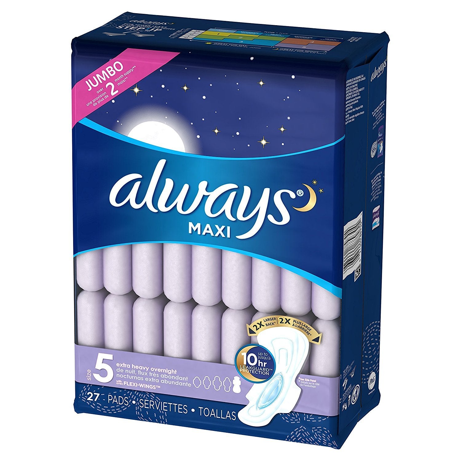 Always Maxi, Size 5, Extra Heavy Overnight Pads with Flexi-Wings, Unscented, 27 Count. 2 Pack. (Includes (2) 27-Count Packages S