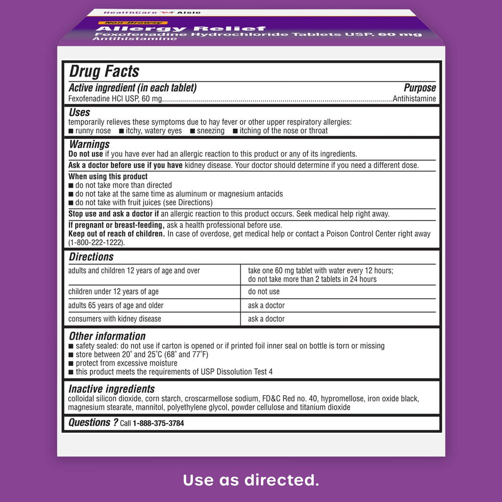 HealthCareAisle Allergy Relief - Fexofenadine Hydrochloride Tablets USP, 60 mg - 100 Tablets - Non-Drowsy Antihistamine, 12-Hour
