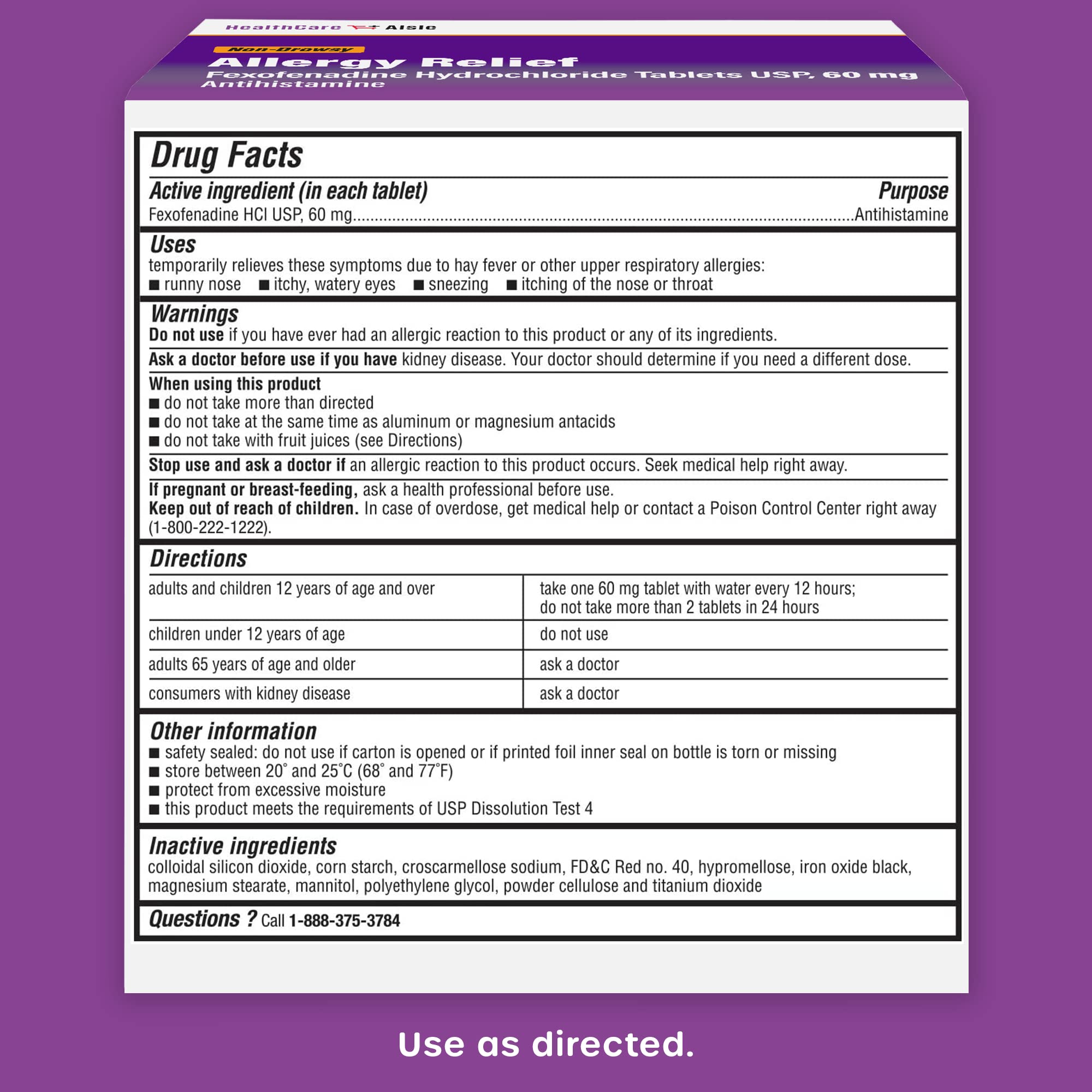 HealthCareAisle Allergy Relief - Fexofenadine Hydrochloride Tablets USP, 60 mg - 100 Tablets - Non-Drowsy Antihistamine, 12-Hour