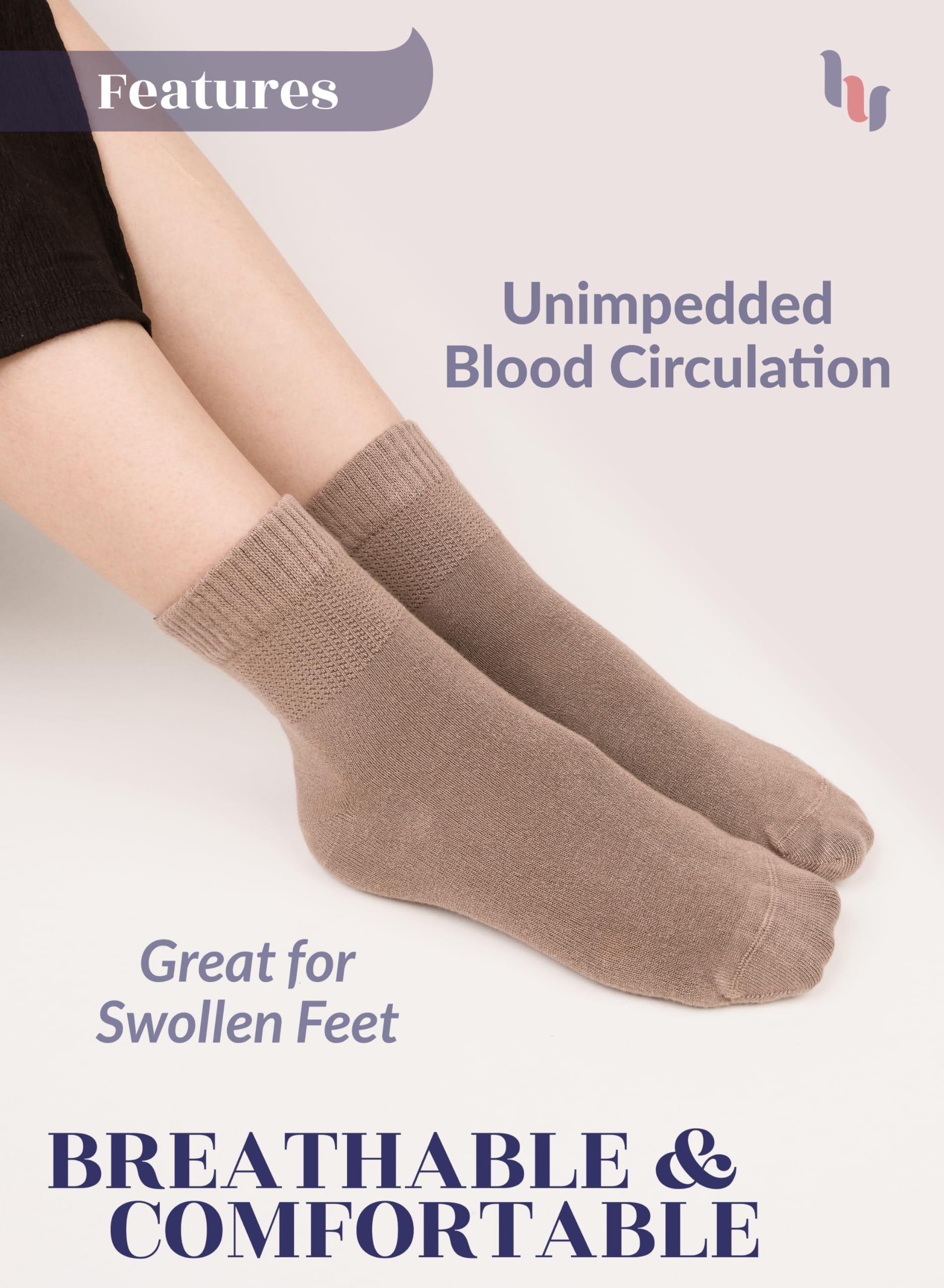 Hugh Ugoli Women Diabetic Ankle Socks, Super Soft & Thin Bamboo Socks, Wide & Loose, Non-Binding Top & Seamless Toe, 4 Pairs, Mi