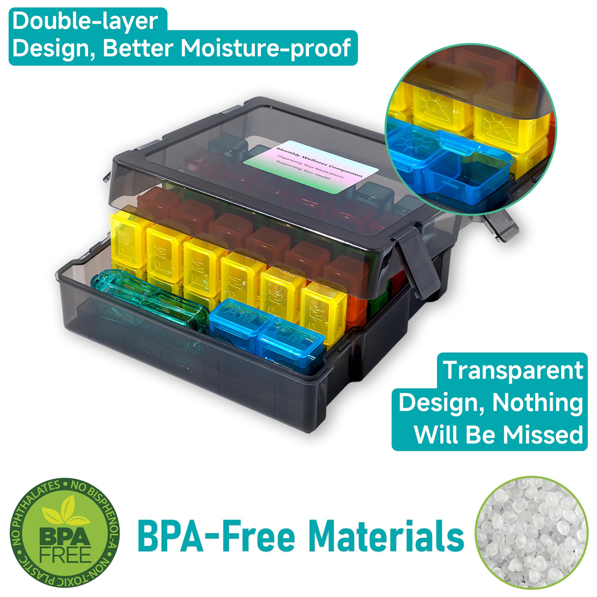 Monthly Pill Organizer 2 Times a Day, Portable AM PM Pill Box with Weekly Travel Bag, Large Capacity Medicine Organizer with Lab