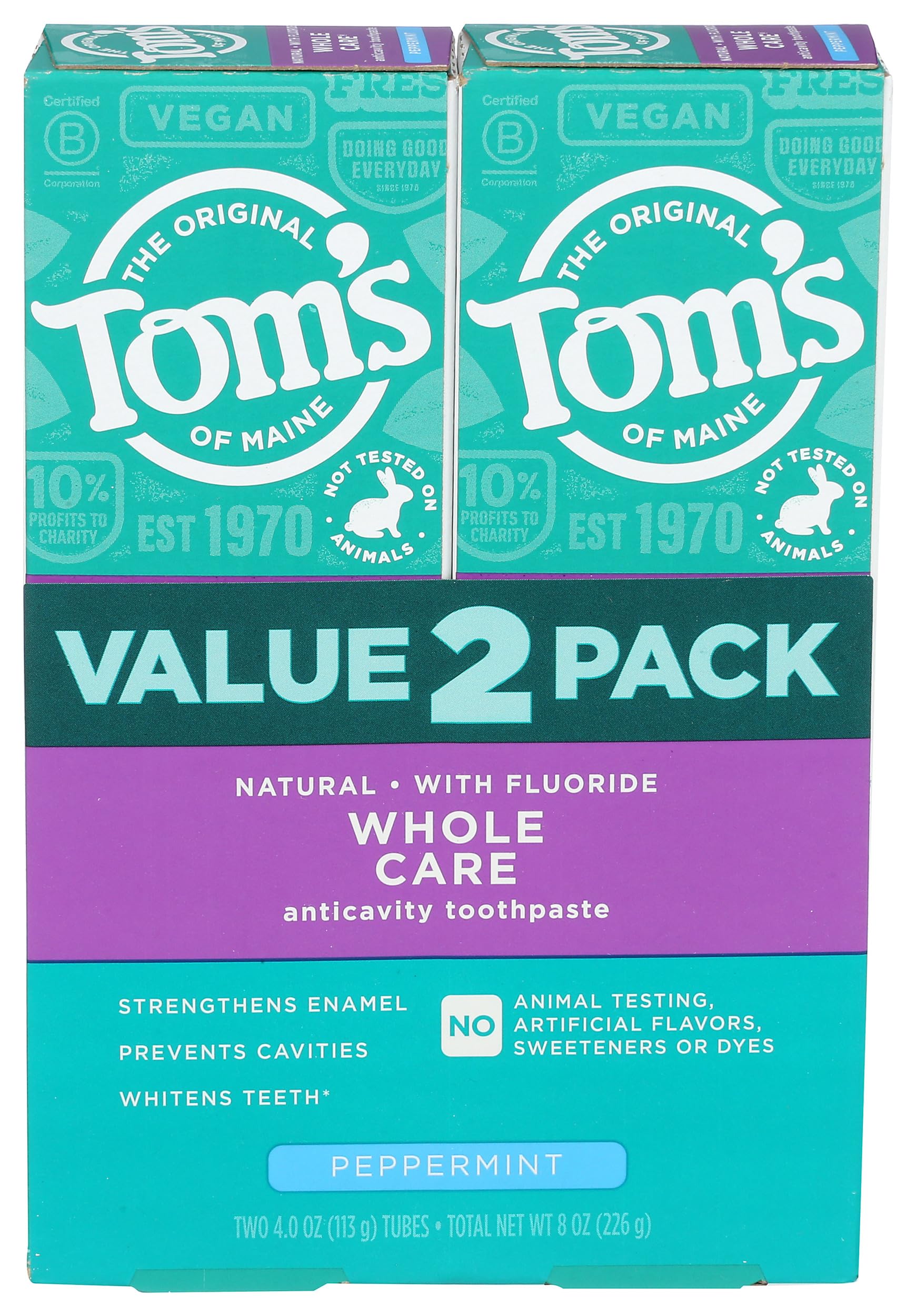 Toms of Maine Whole Care Natural Toothpaste with Fluoride, Peppermint, 4 oz. 2-Pack (Packaging May Vary)