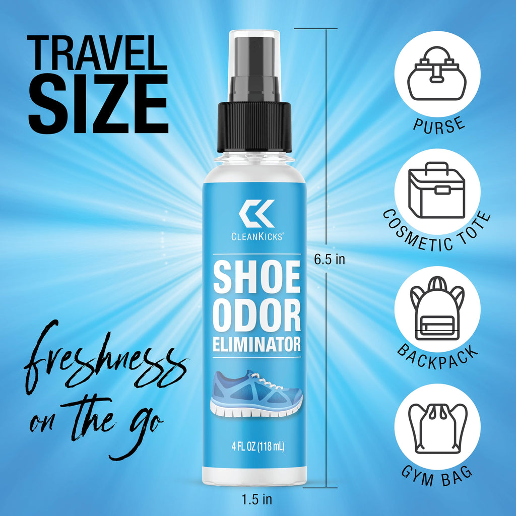 CleanKicks Odor Eliminator Spray, Deodorizes & Removes Bad Smells, Boots, Cleats, Sneakers, Easy to Store, 4oz Bottle