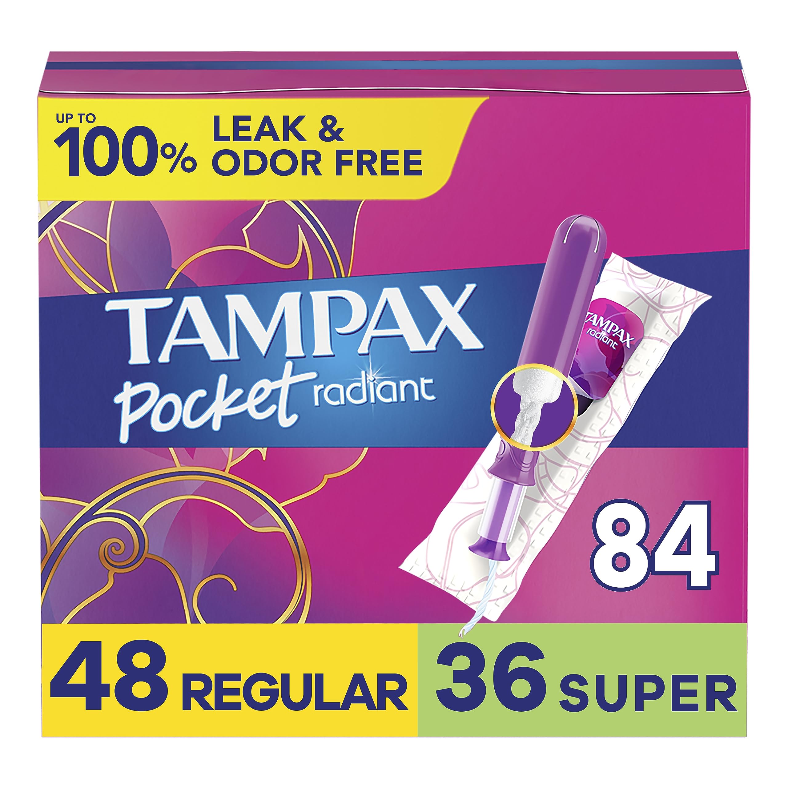Tampax Compact Radiant Tampons Multipack, with LeakGuard Braid & Extendable Applicator, Regular/Super Absorbency, Unscented, 84 