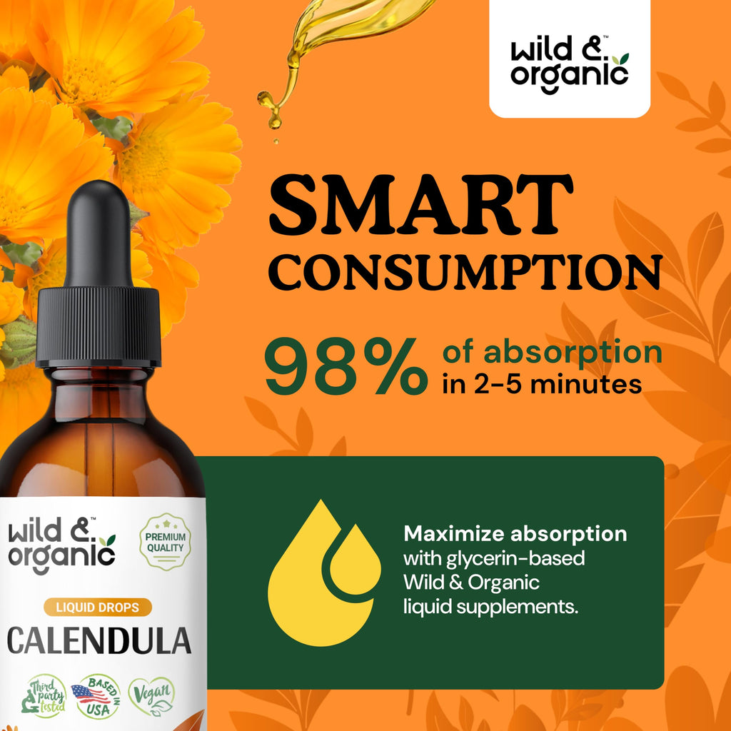 Wild & Organic Calendula Tincture - Alcohol-Free Calendula Extract Drops for Immune Support - Liquid Flowers Supplement - Vegan,