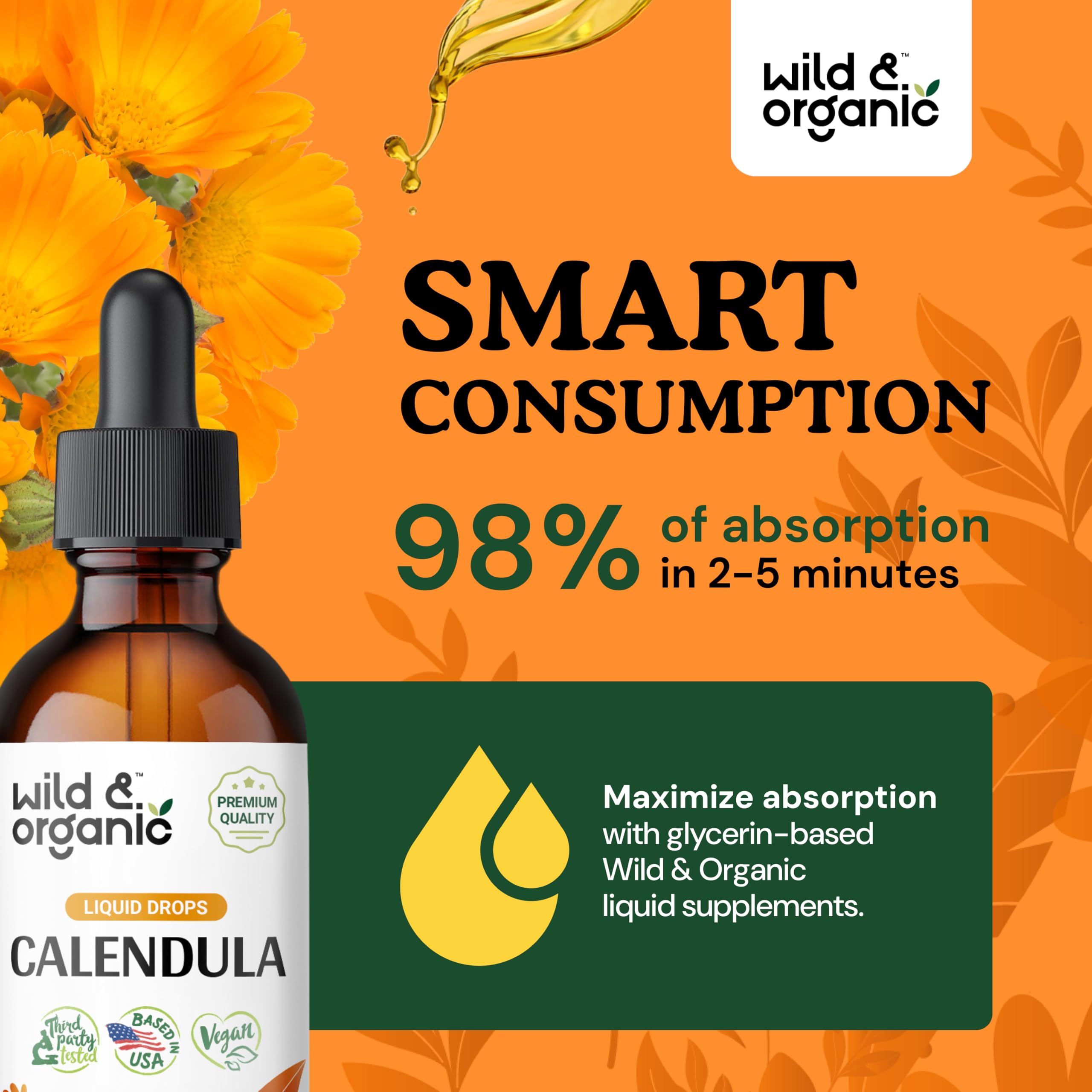 Wild & Organic Calendula Tincture - Alcohol-Free Calendula Extract Drops for Immune Support - Liquid Flowers Supplement - Vegan,