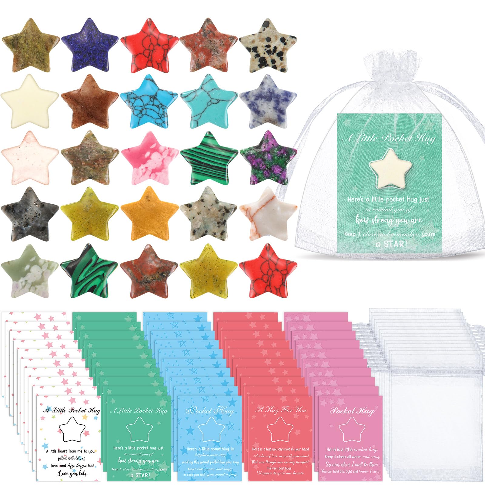 Tondiamo 60 Sets Pocket Hug Token Gifts Included Natural Star Shaped Crystal Stones, Hug Cards and Organza Bags for Coworkers, L