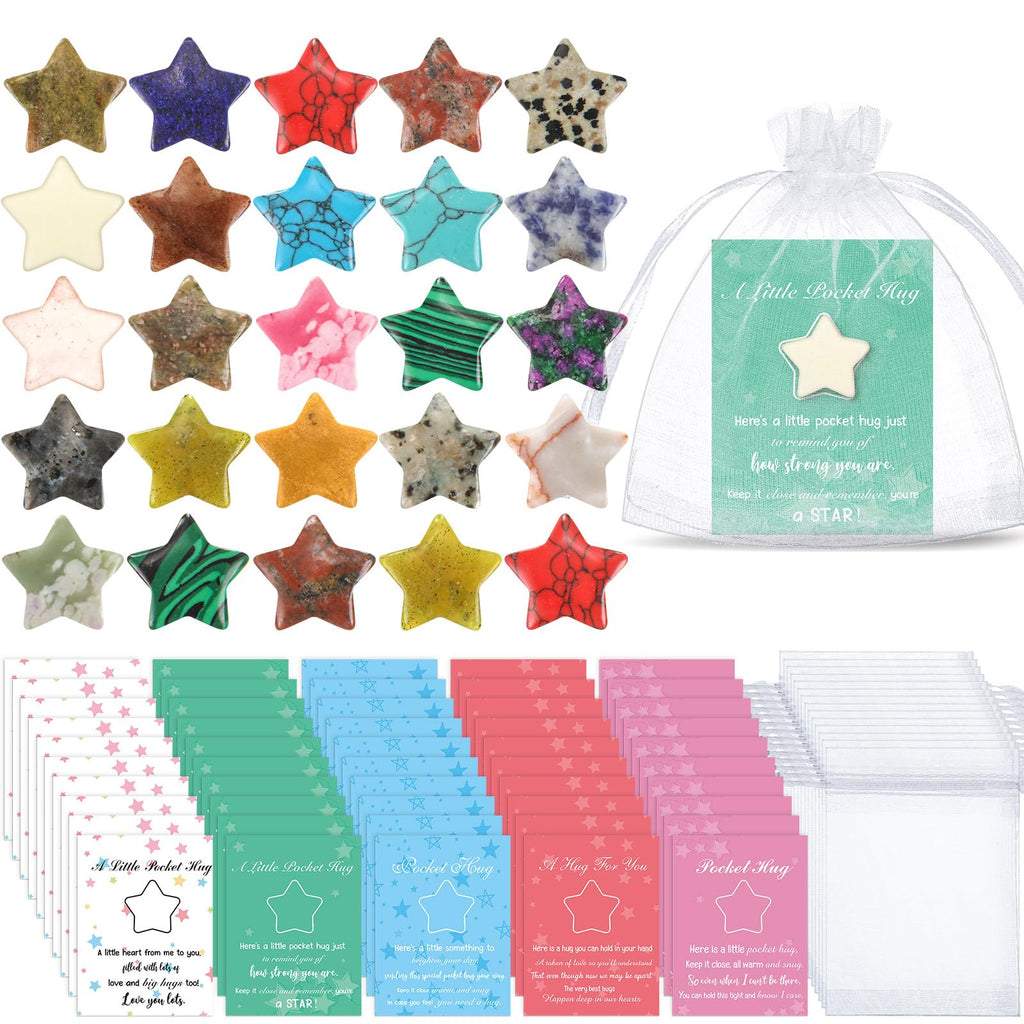 Tondiamo 60 Sets Pocket Hug Token Gifts Included Natural Star Shaped Crystal Stones, Hug Cards and Organza Bags for Coworkers, L