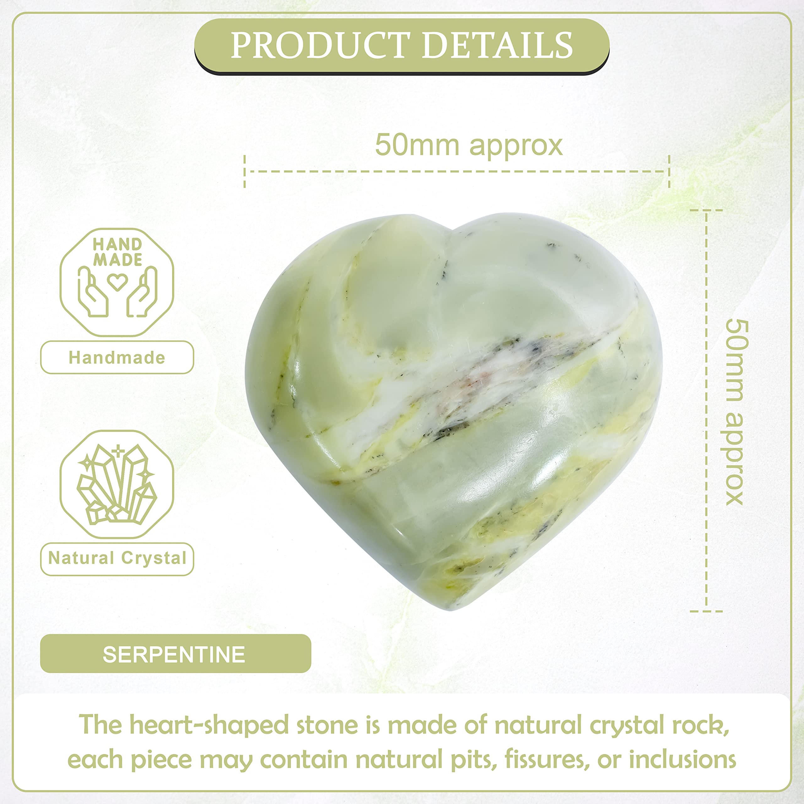 ZAICUS 50mm Serpentine Polished Heart Stone, Healing Crystal Palm Worry Pocket Heart Love Stones for Tumble Collection | Reiki S