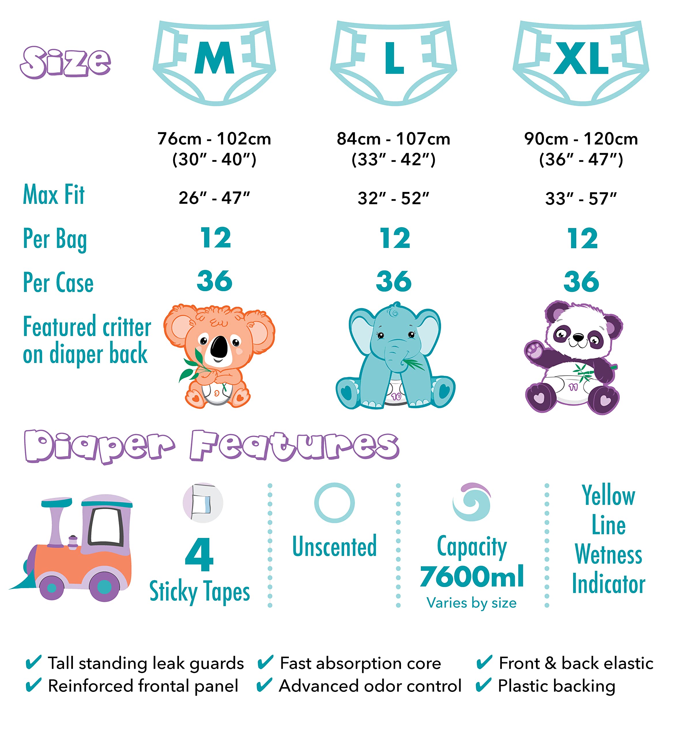 Rearz - Critter Caboose Brief Adult Printed Diapers - 12 Pack - 11000ml (X-Large)