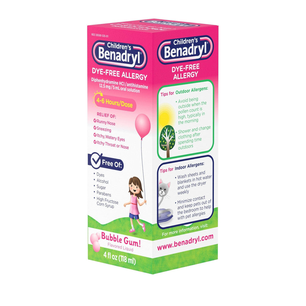 Benadryl Children s Dye-Free Allergy Liquid Bubble Gum Flavored - 4 oz, Pack of 4