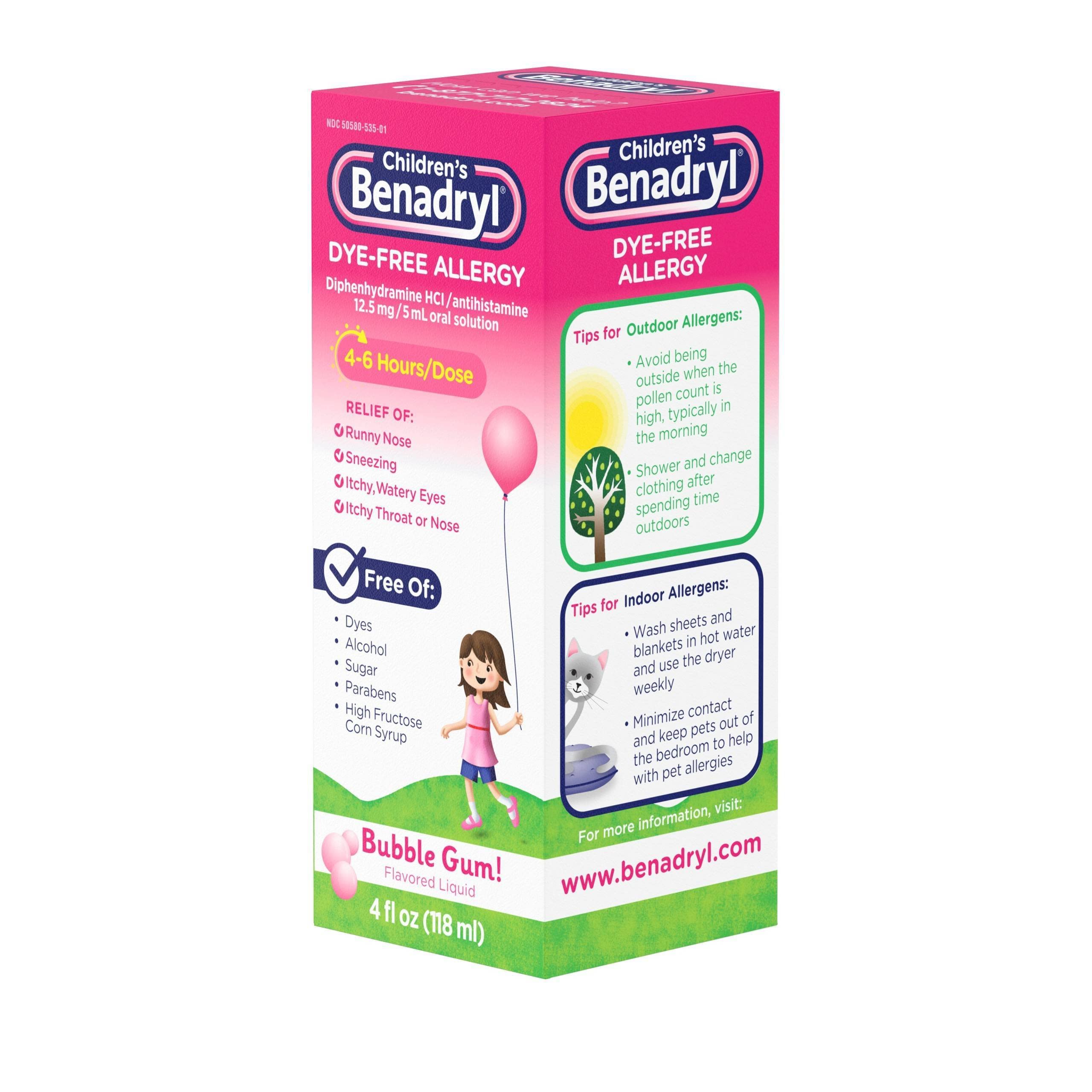 Benadryl Children s Dye-Free Allergy Liquid Bubble Gum Flavored - 4 oz, Pack of 4