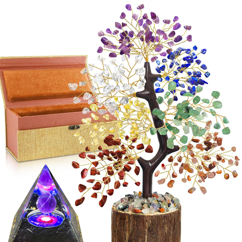 7 Chakra Crystal Tree of Life with Orgonite Pyramid (Set 2) - Unique Birthday Gifts for Women, Christmas Gifts, Chakra Healing T