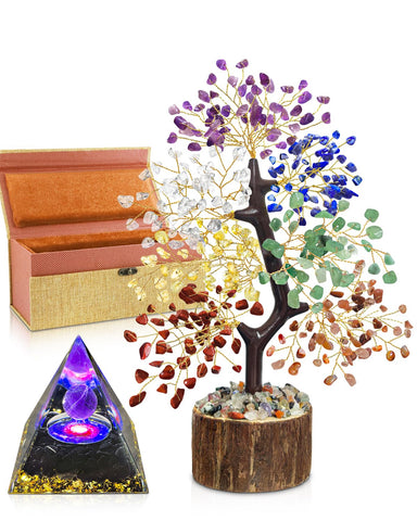 7 Chakra Crystal Tree of Life with Orgonite Pyramid (Set 2) - Unique Birthday Gifts for Women, Christmas Gifts, Chakra Healing T