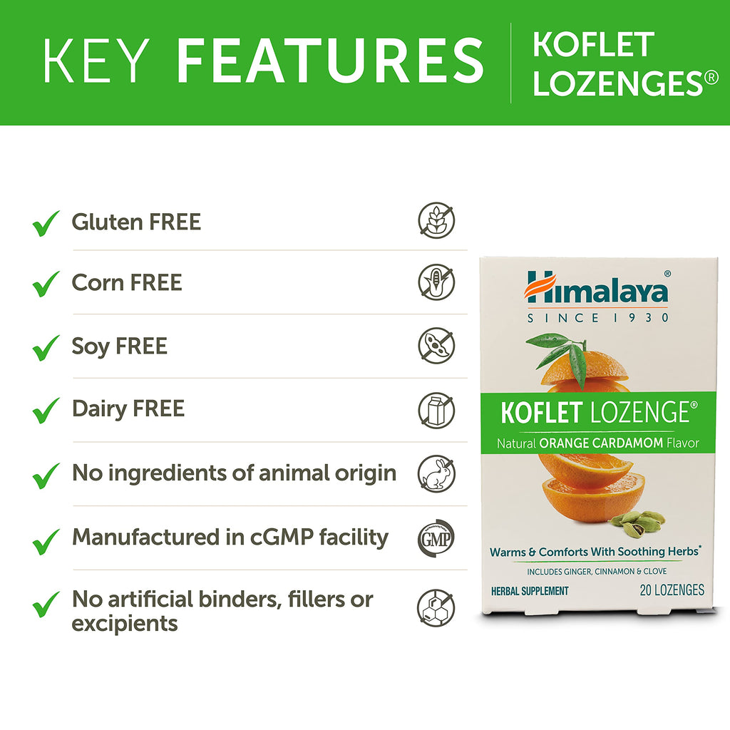 Himalaya Koflet Lozenges, Orange Cardamom Flavor, Natural Herbal Cough Drop for Warming Relief and Soothing Throat Comfort, 130