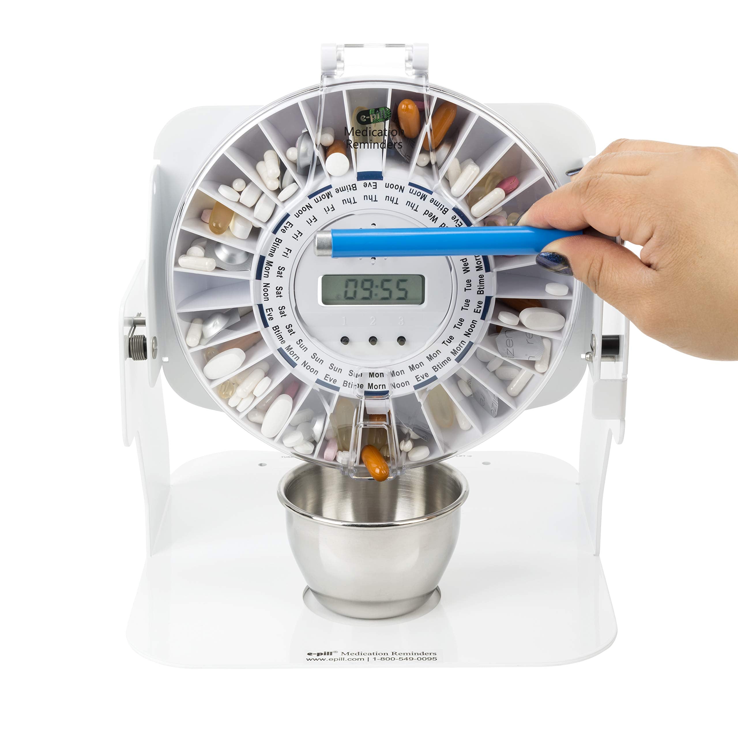 e-Pill MedTime Station - Locked Automatic Pill Dispenser with Tipper Base, 6 Alarm Settings - Transparent Clear Cover