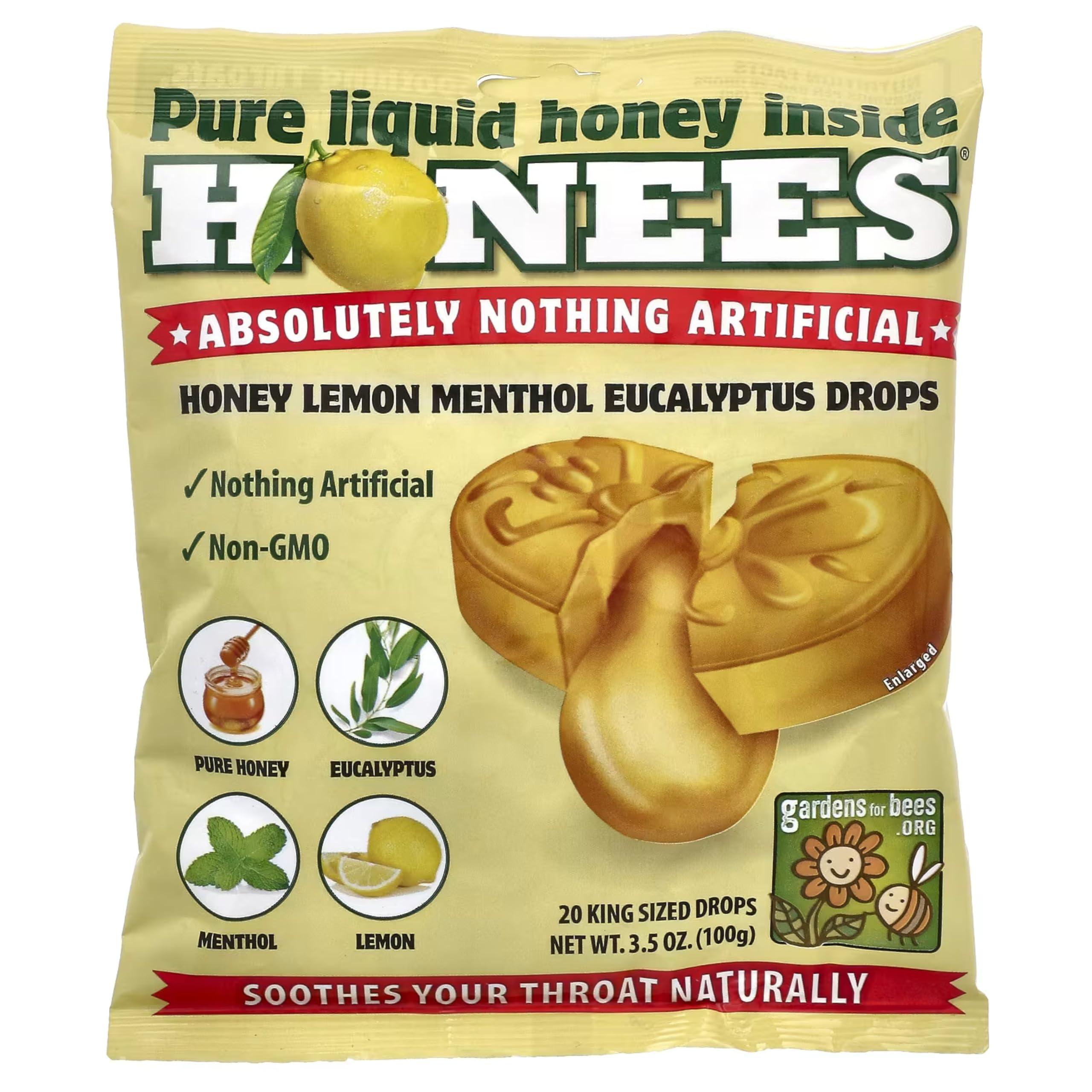 Honees Filled Menthol Lemon Cough Drop, Honey, Menthol & Lemon Cough Drops- Sore Throat Relief - Nothing Artificial -Natural Sor