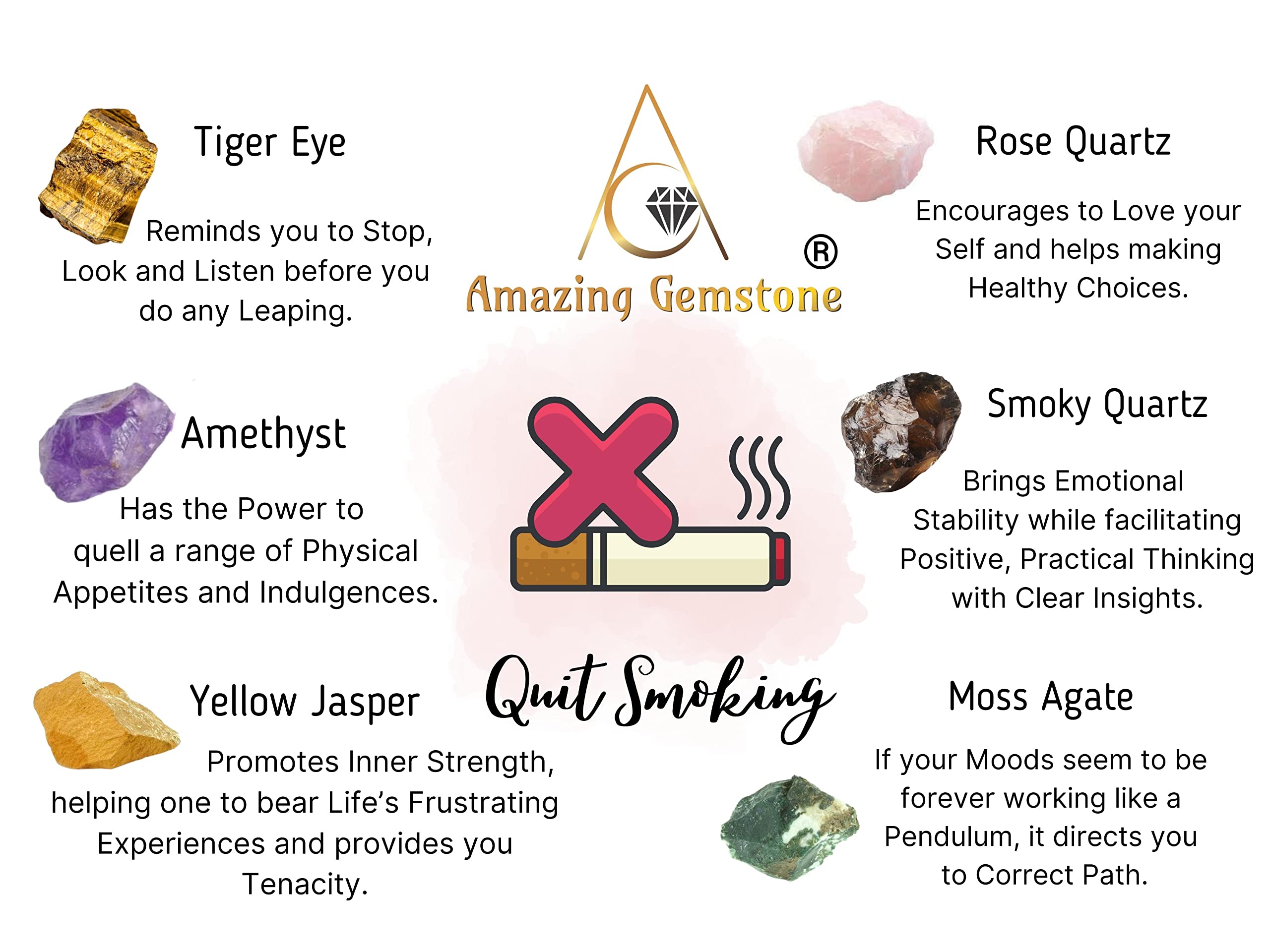 Crystals to Help Quit Smoking Manifestation, Set of 6 Amethyst, Tiger Eye, Yellow Jasper, Rose Quartz, Smoky Quartz and Moss Aga
