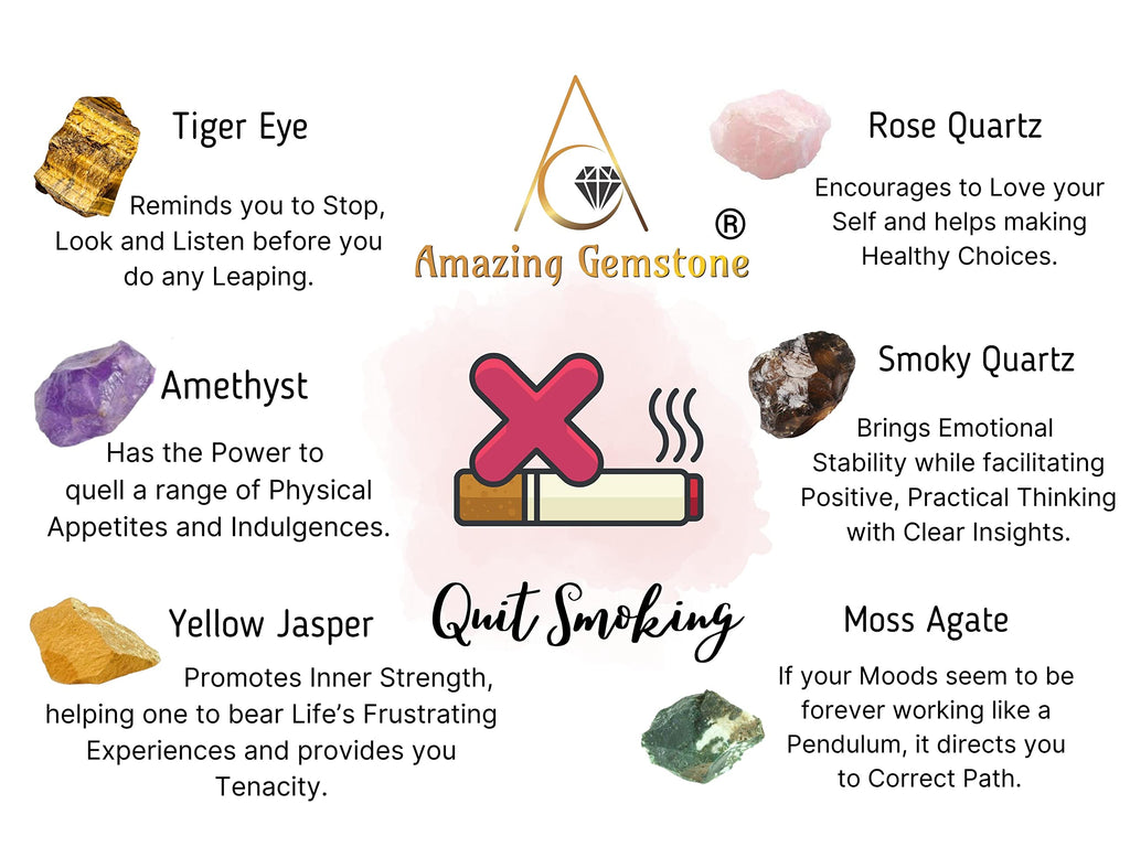 Crystals to Help Quit Smoking Manifestation, Set of 6 Amethyst, Tiger Eye, Yellow Jasper, Rose Quartz, Smoky Quartz and Moss Aga