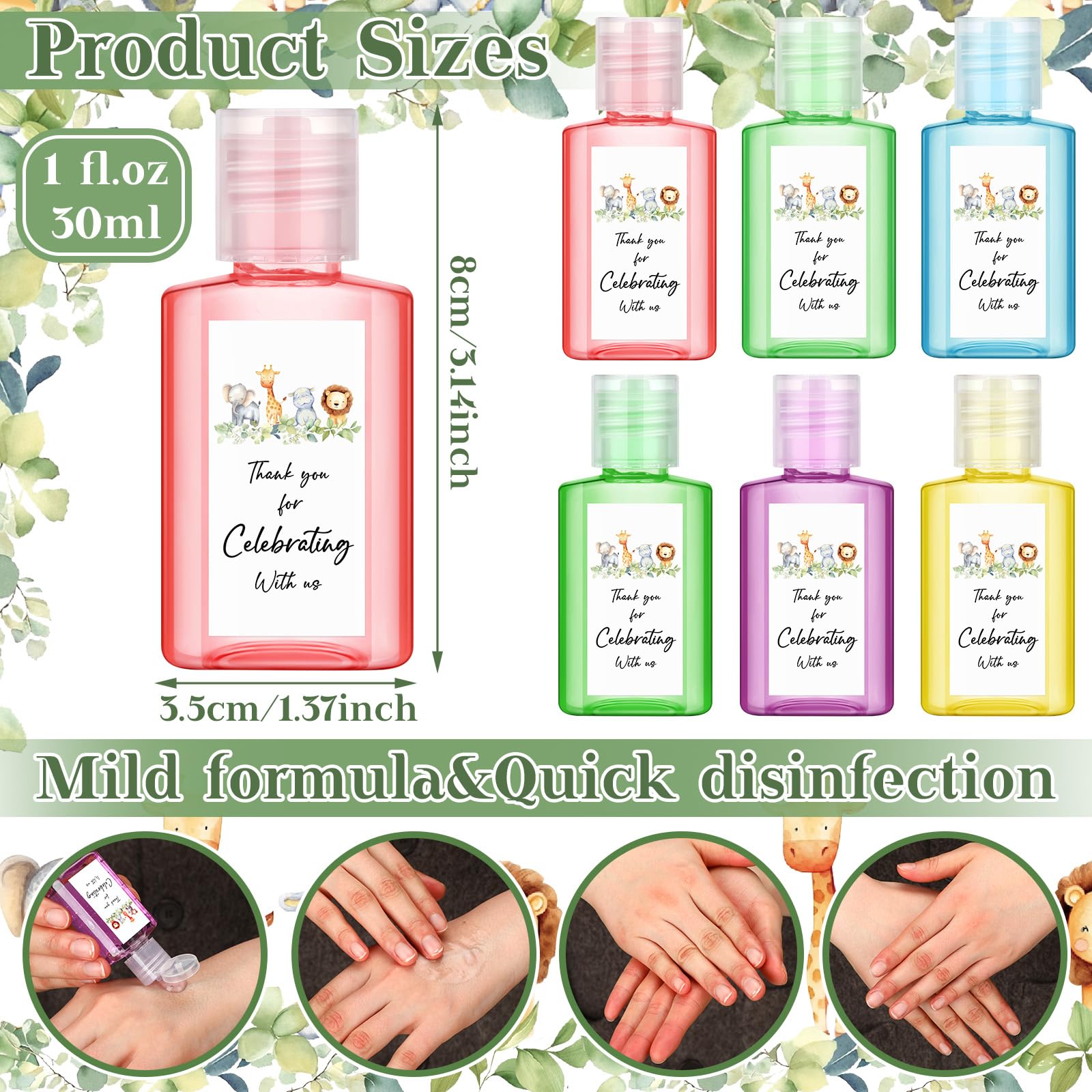 Gejoy 48 Pcs Jungle Animal Mini Hand Sanitizer Bulk Baby Shower Favors for Guest Hand Sanitizer Party Favors 1fl oz Travel Size