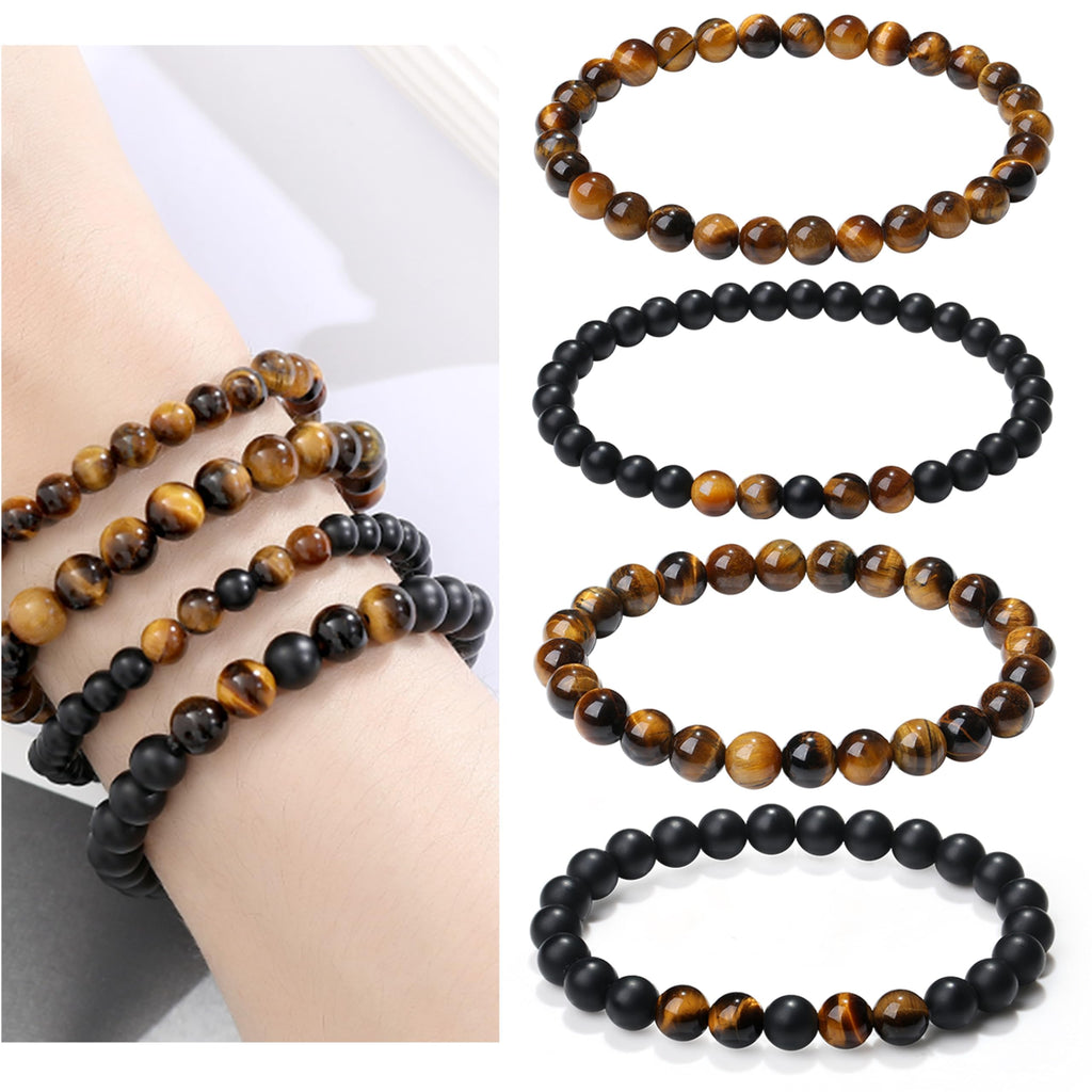 XIANNVXI Mens Bead Bracelet 4PC Tiger Eye Bracelets Black Obsidian Crystal Stone Bracelets Set for Men Stretch 8mm Crystal Beade