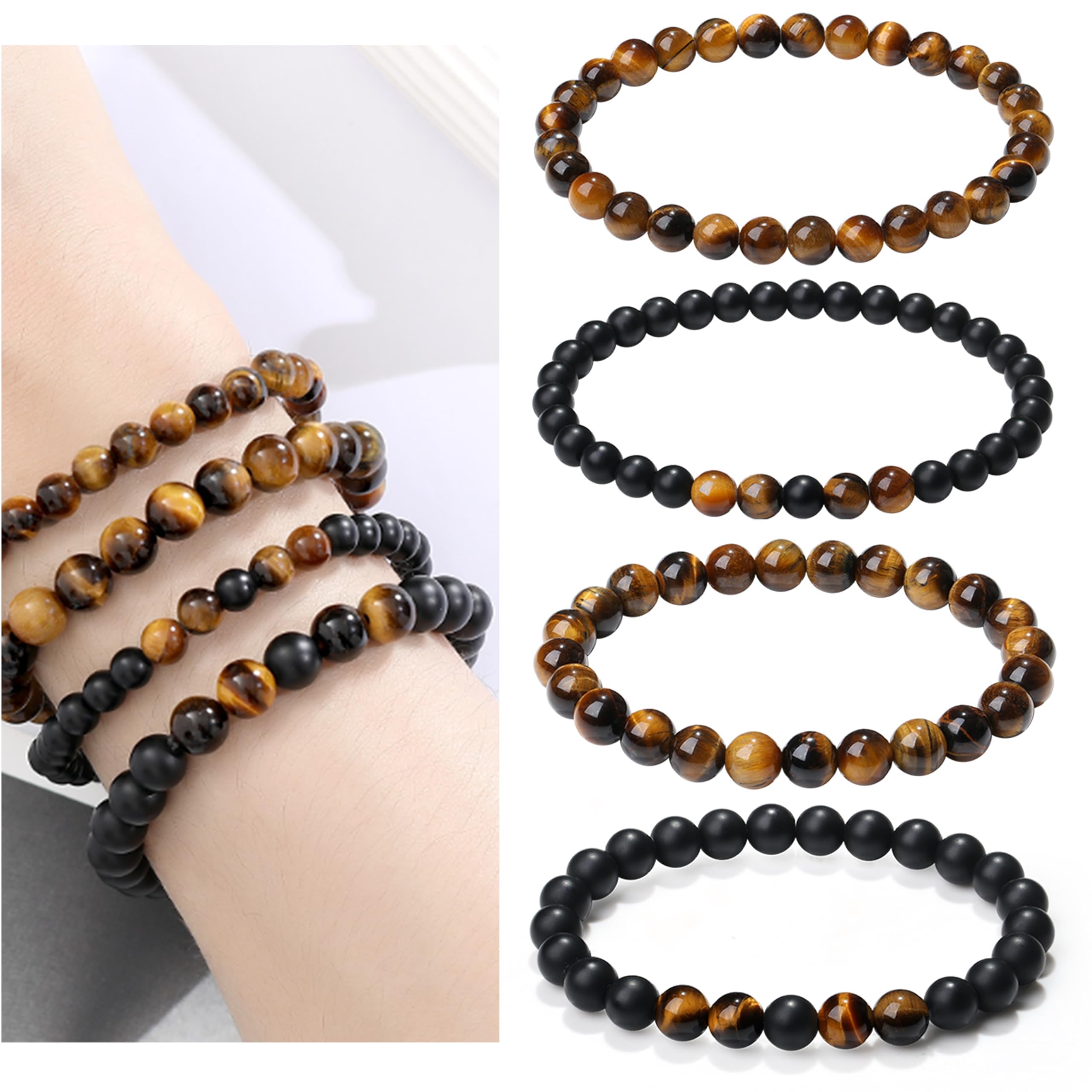 XIANNVXI Mens Bead Bracelet 4PC Tiger Eye Bracelets Black Obsidian Crystal Stone Bracelets Set for Men Stretch 8mm Crystal Beade