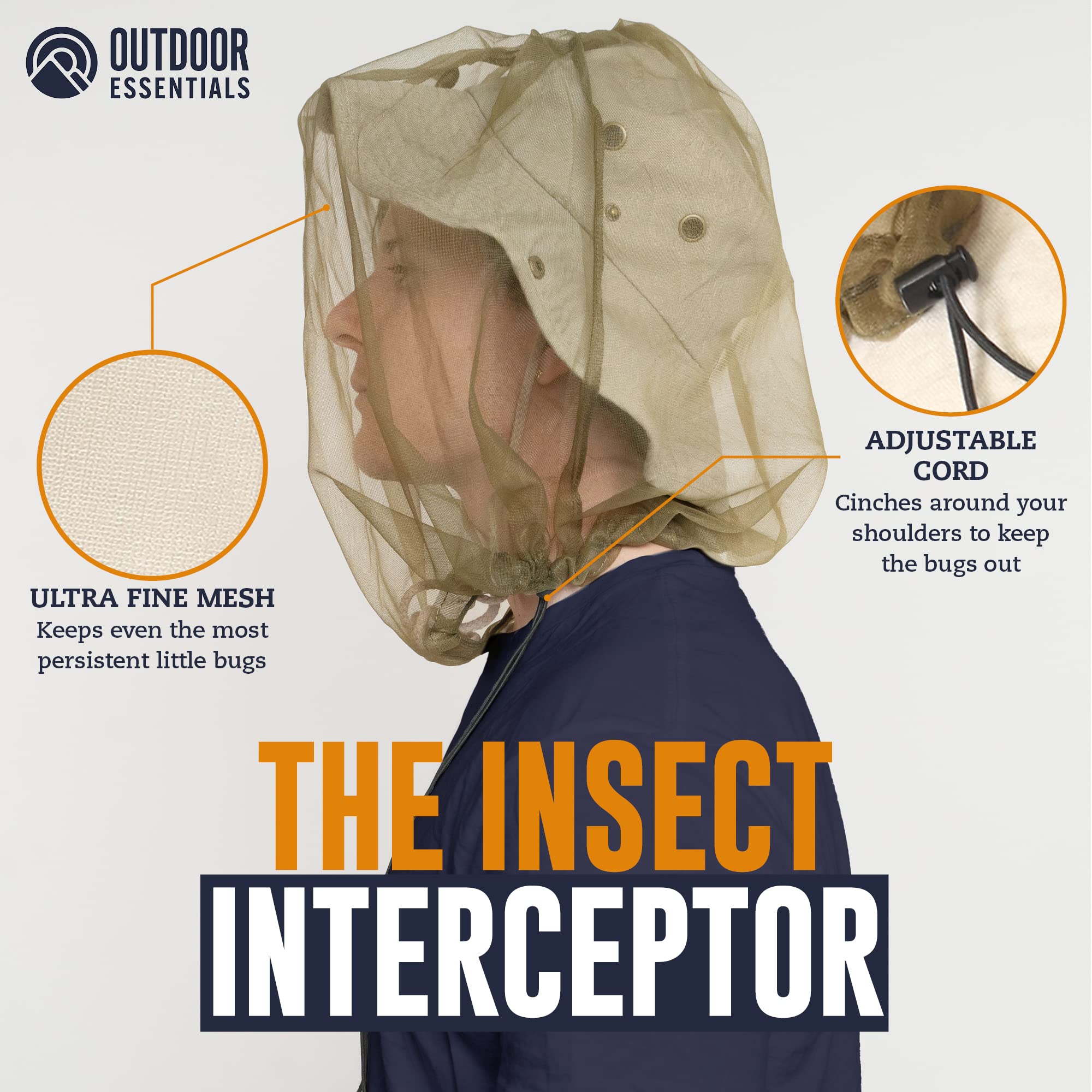 OutdoorEssentials Mosquito Bug Head Net - Face Netting Protection Against Mosquitoes, Gnats, Midges While Fishing or Camping - M