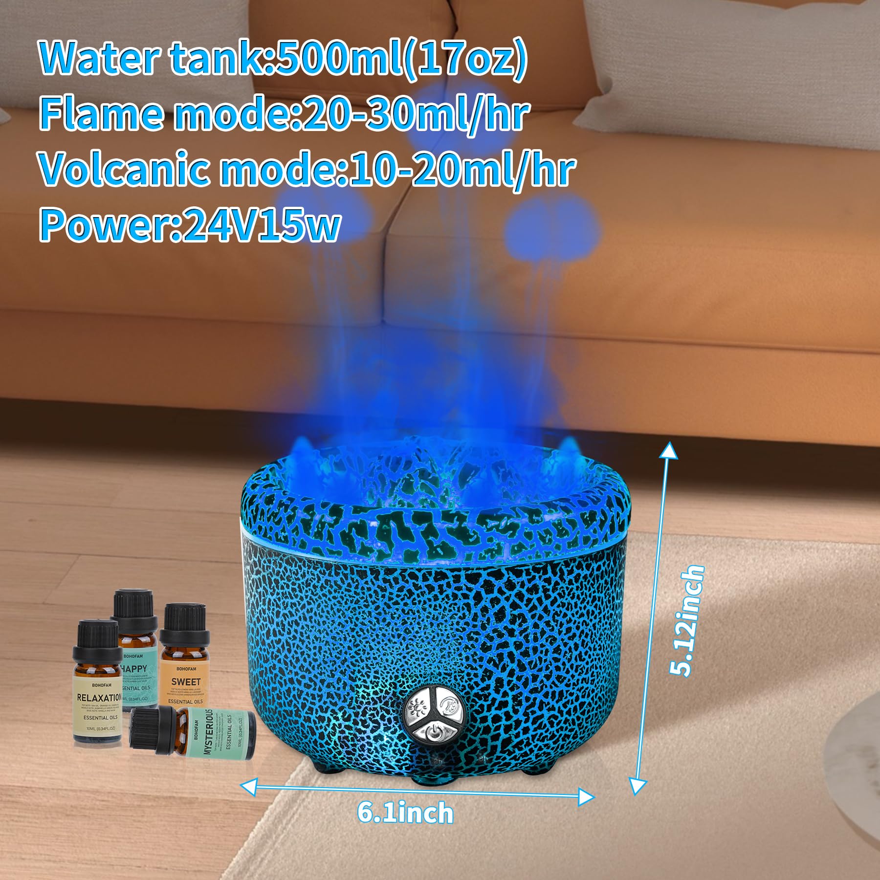 BOHOFAM Essential Oil Diffuser 500ML,Volcano and Flame Diffuser/Humidifier 2 Mode,Three Volcanic Vent Diffusers for Home,Include