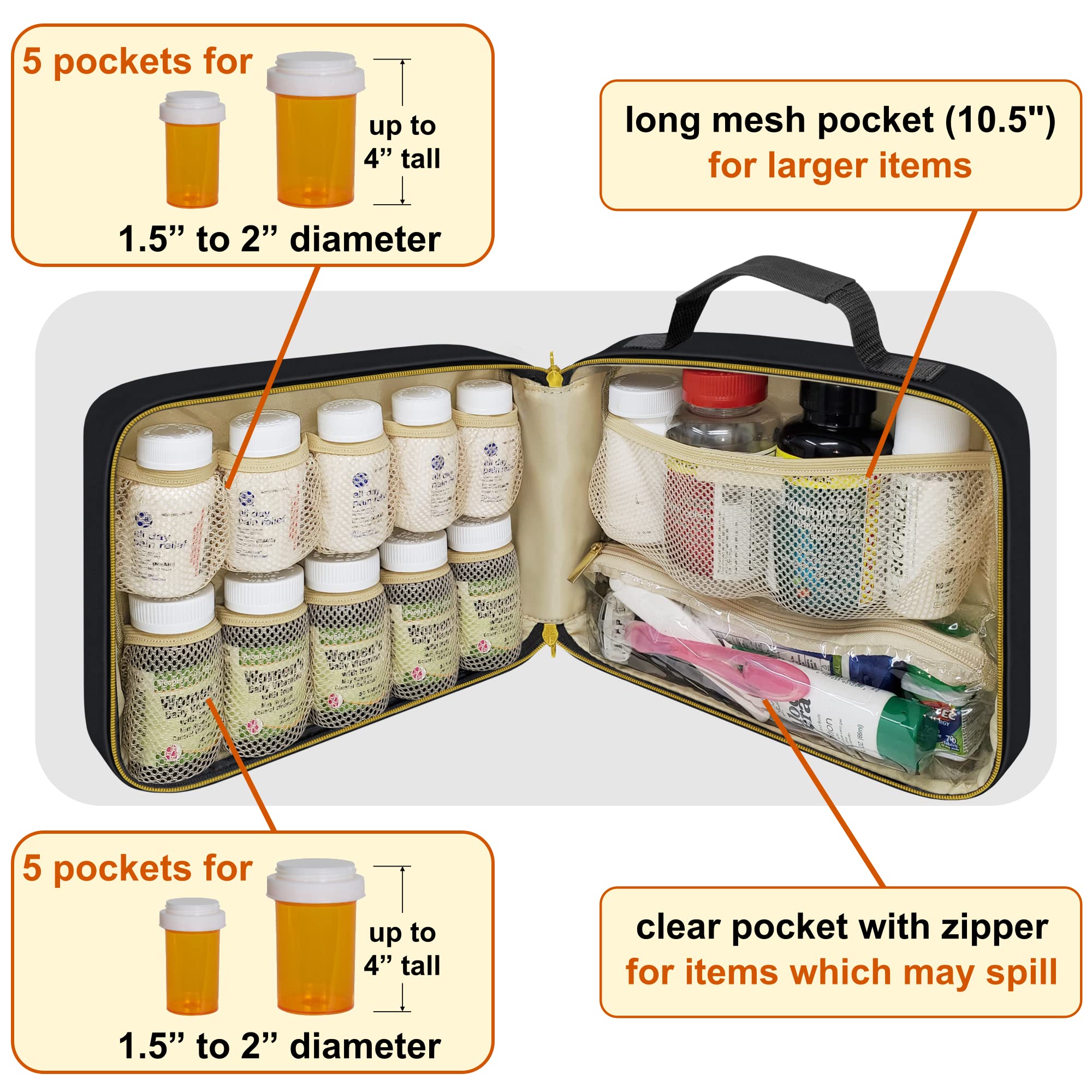 StarPlus2 Large Quilted Pill Bottle Organizer, Medicine Bag, Case, Carrier for Medications, Vitamins, and Medical Supplies - Tra