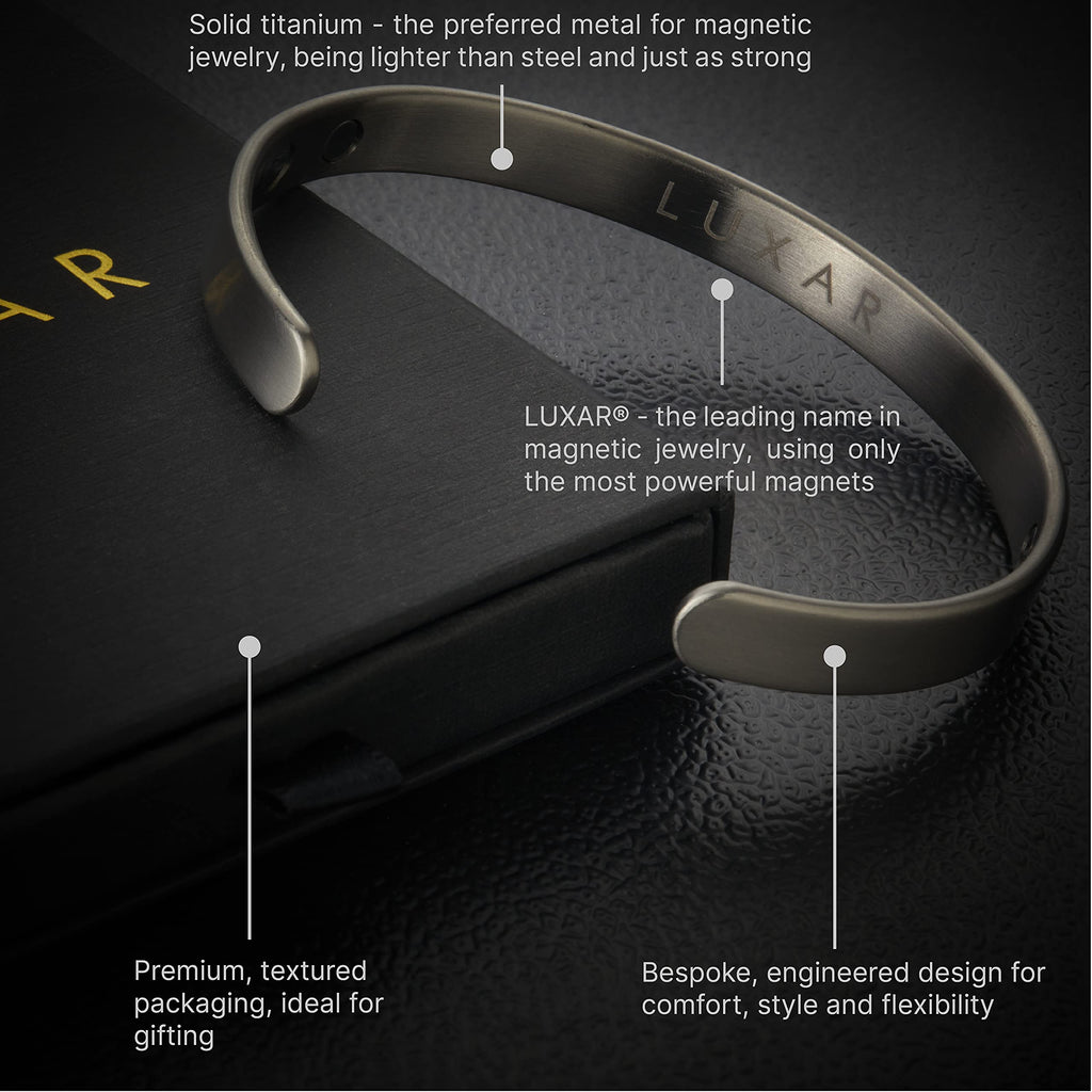 LUXAR Men's/Women's Magnetic Therapy Bracelet | Sophisticated Solid Titanium Bangle with Rare-Earth Neodymium Magnets (Titanium