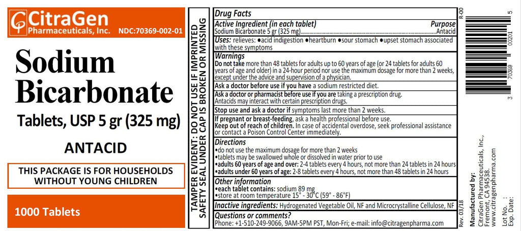 Sodium Bicarbonate Tablets USP 325 mg (5 Grains) for Relief of Acid Indigestion, Heartburn, Sour Stomach & Upset Stomach 1000 Ta