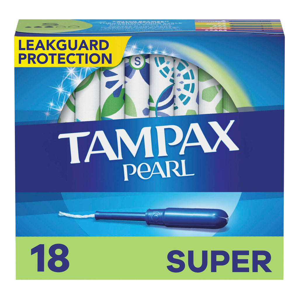 Tampax Pearl Plastic Tampons, Super Absorbency, Unscented, 18 Count - Pack of 12 (216 Total Count) (Packaging May Vary)