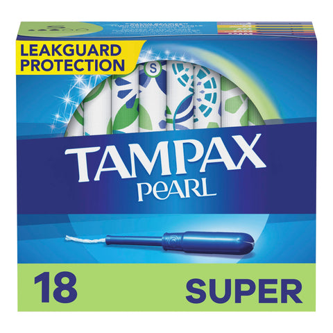 Tampax Pearl Plastic Tampons, Super Absorbency, Unscented, 18 Count - Pack of 12 (216 Total Count) (Packaging May Vary)
