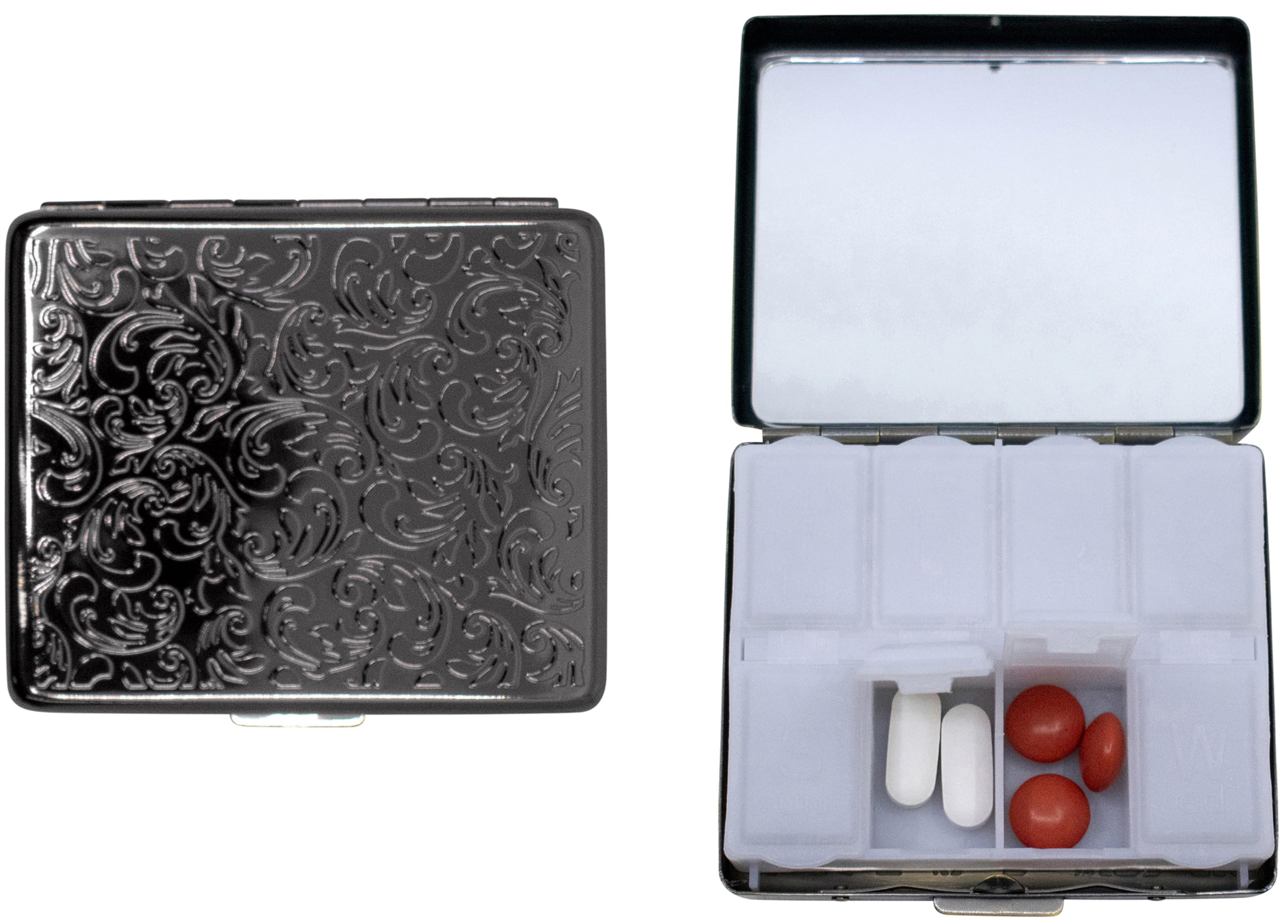Set of 2 Metal-Plated Weekly (7-Day) Pill Box Case & Portable Medicine Organizer (Gunmetal Victorian)