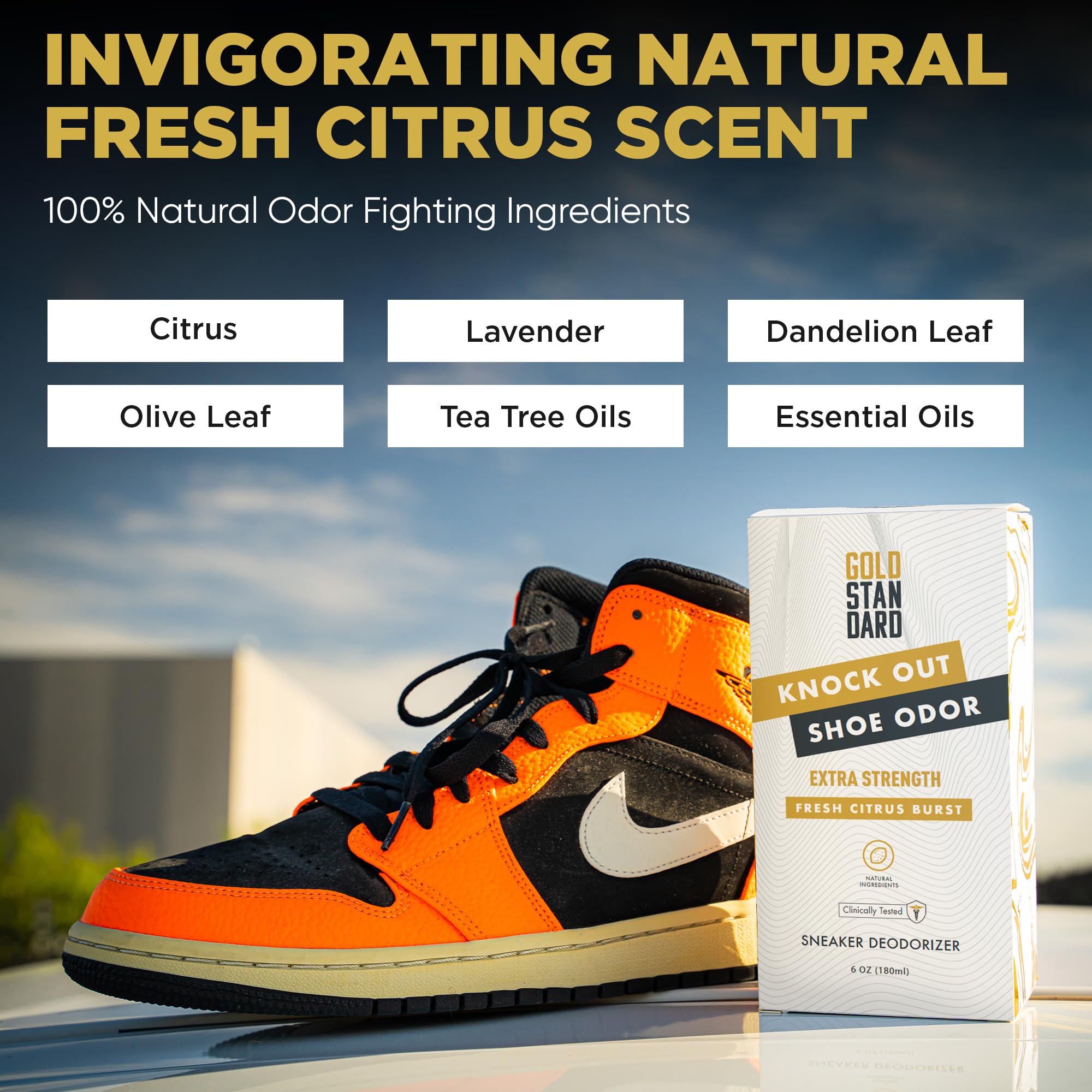 Natural Shoe Deodorizer Spray & Odor Eliminator - 1 Pack 6 Oz Refreshing & Long Lasting Fresh Citrus Burst Shoe Spray - Footwear