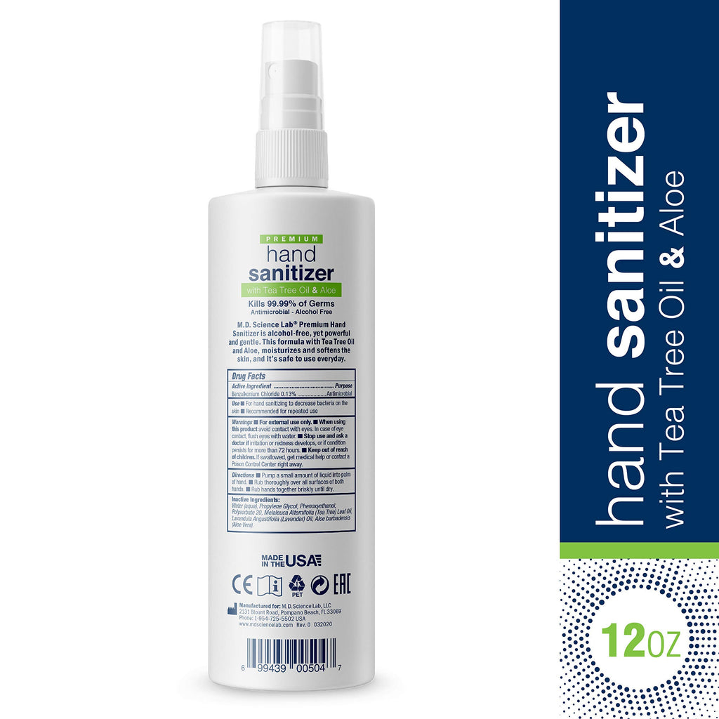 M.D. Science Alcohol-Free Hand Sanitizer Spray with Benzalkonium Chloride, Tea Tree Oil & Aloe Vera, 12 Oz.
