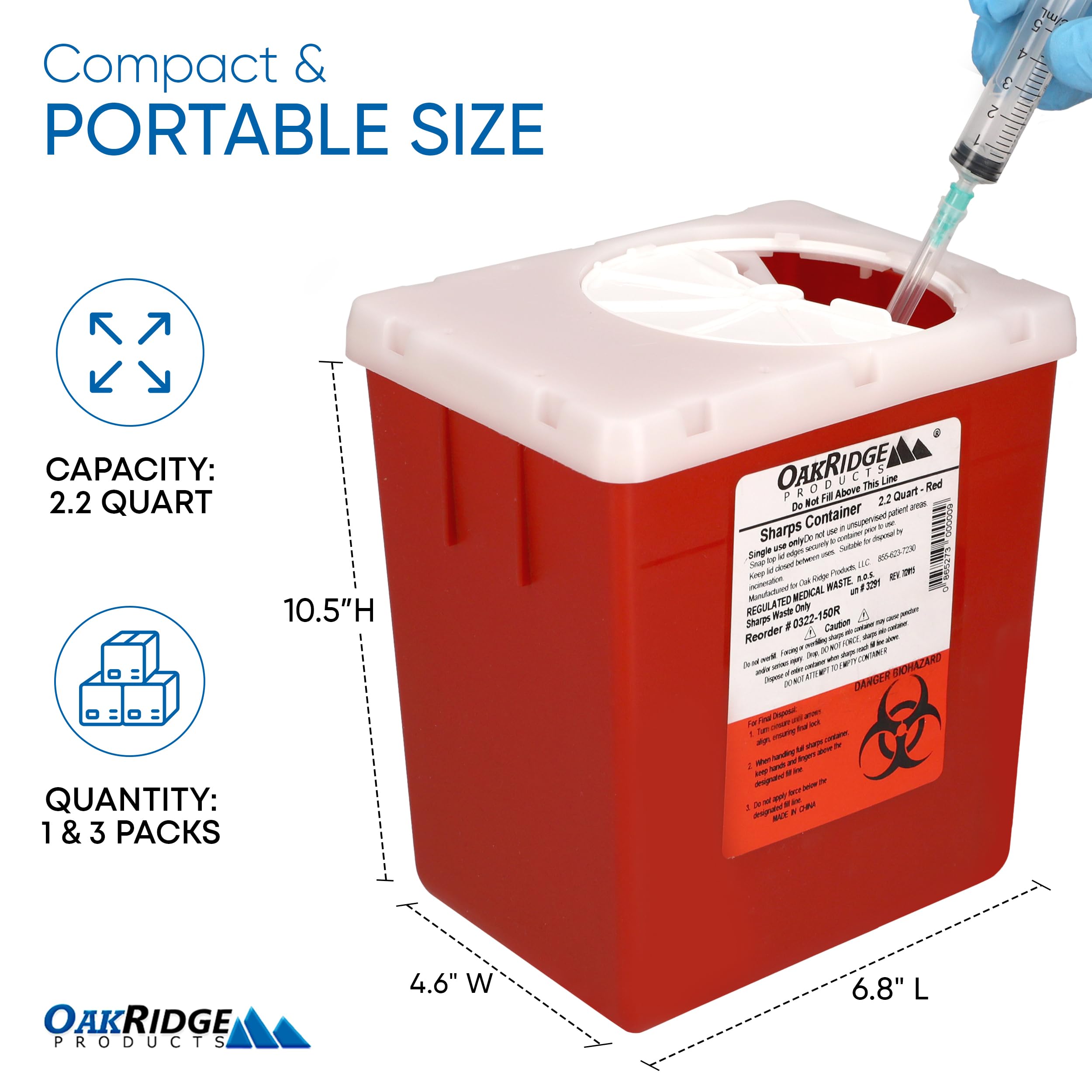 Oakridge Products Transparent Sharps Container for Home Use and Professional 2.2 Quart (3-Pack), Touchless Biohazard Needle and
