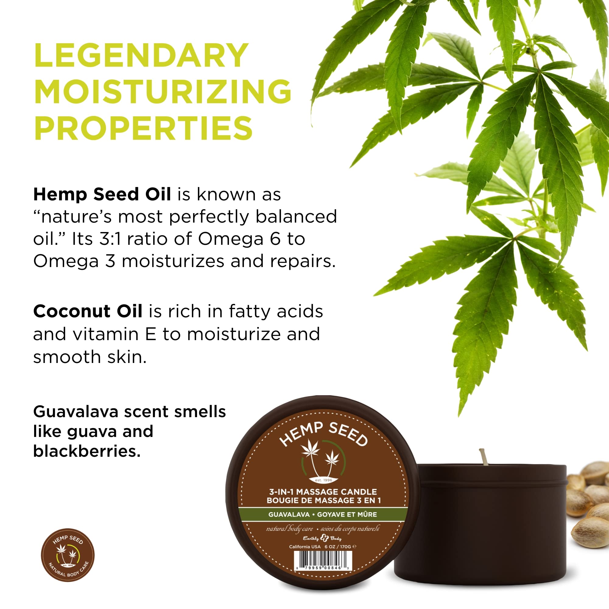 Hemp Seed 3-in-1 Massage Candle, Guavalava Scent - 6 oz. - Candle, Massage Oil & Moisturizer in One - Hemp Seed, Coconut, Aprico