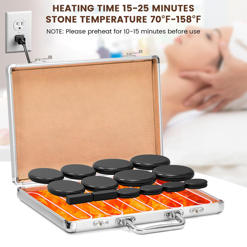 Hprampi 18Pcs Hot Rocks Massage Stones with Heater Kit, Profesional Basalt Stones for Massage, Portable Hot Stone Kit for Relaxi