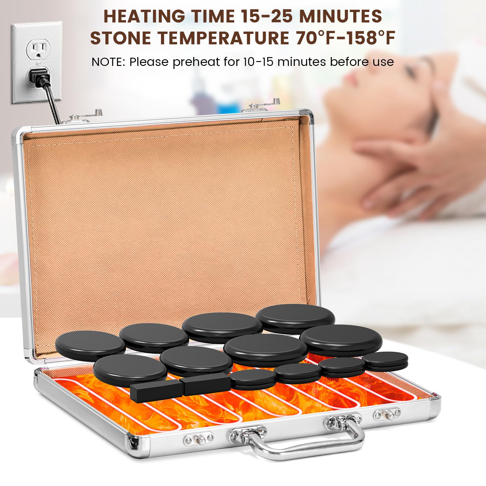 Hprampi 18Pcs Hot Rocks Massage Stones with Heater Kit, Profesional Basalt Stones for Massage, Portable Hot Stone Kit for Relaxi