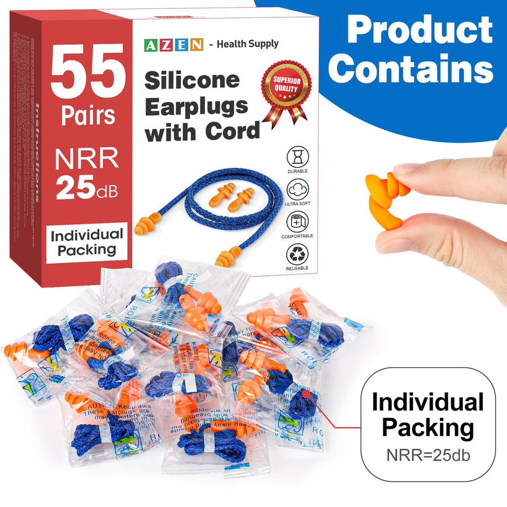 AZEN 55 Pairs Silicone Ear Plugs, Reusable Earplugs for Noise Reduction, 25dB NRR Corded Ear Plugs for Sleeping Noise Cancelling