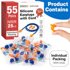 AZEN 55 Pairs Silicone Ear Plugs, Reusable Earplugs for Noise Reduction, 25dB NRR Corded Ear Plugs for Sleeping Noise Cancelling