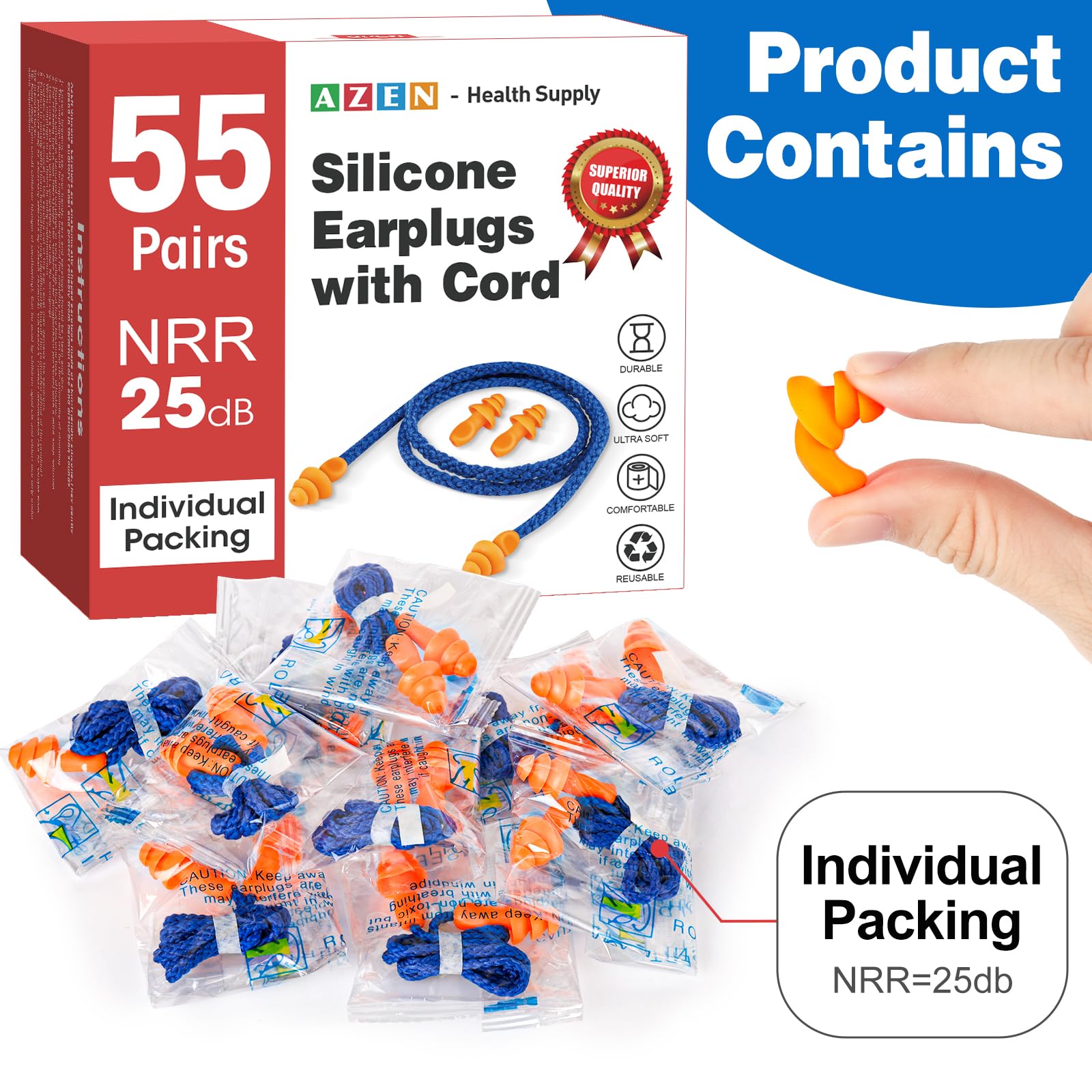 AZEN 55 Pairs Silicone Ear Plugs, Reusable Earplugs for Noise Reduction, 25dB NRR Corded Ear Plugs for Sleeping Noise Cancelling