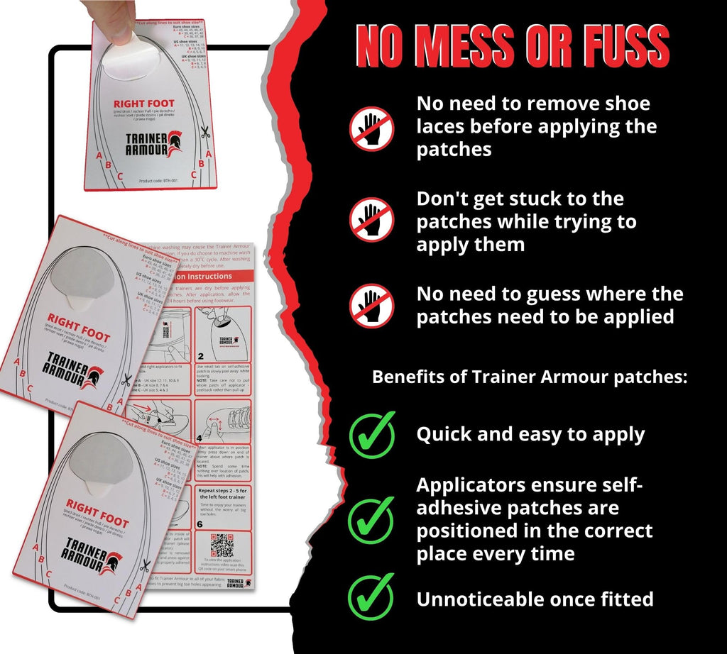 Trainer Armour - Big Toe Hole Preventer, self-Adhesive Patches with a Clever applicator - Shoe Toe Burst Toe Box Blowout Prevent