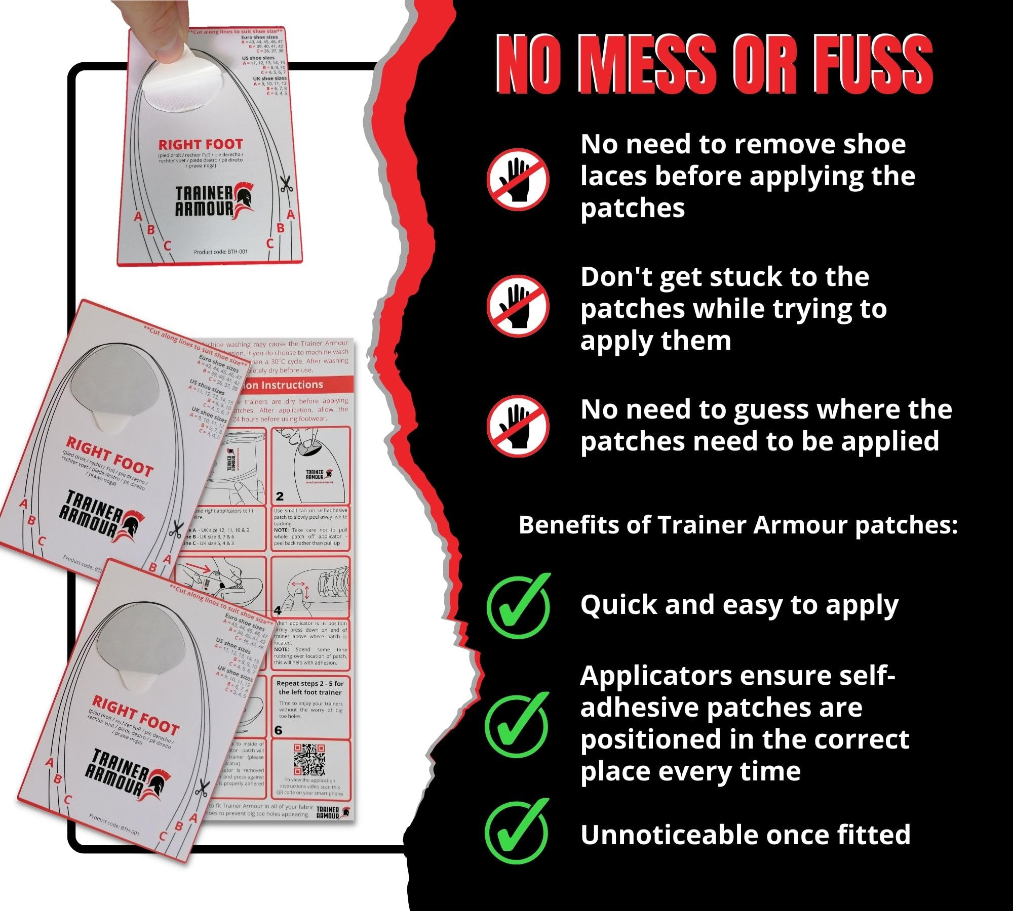 Trainer Armour - Big Toe Hole Preventer, self-Adhesive Patches with a Clever applicator - Shoe Toe Burst Toe Box Blowout Prevent