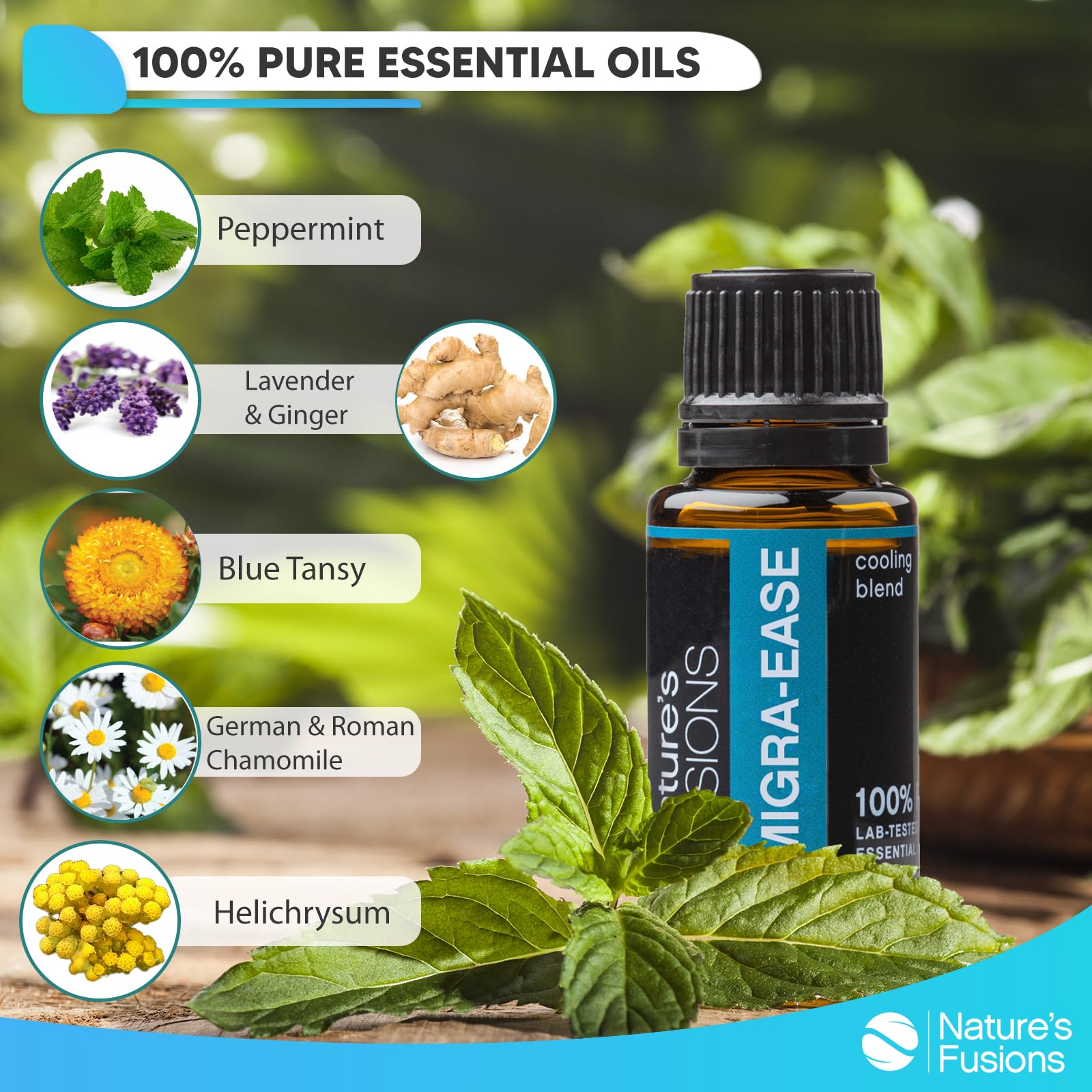 Natures Fusions MigraEase Pure Essential Oil Blend (15ml) - Peppermint, Lavender, Ginger, Roman & German Chamomile, Blue Tansy,