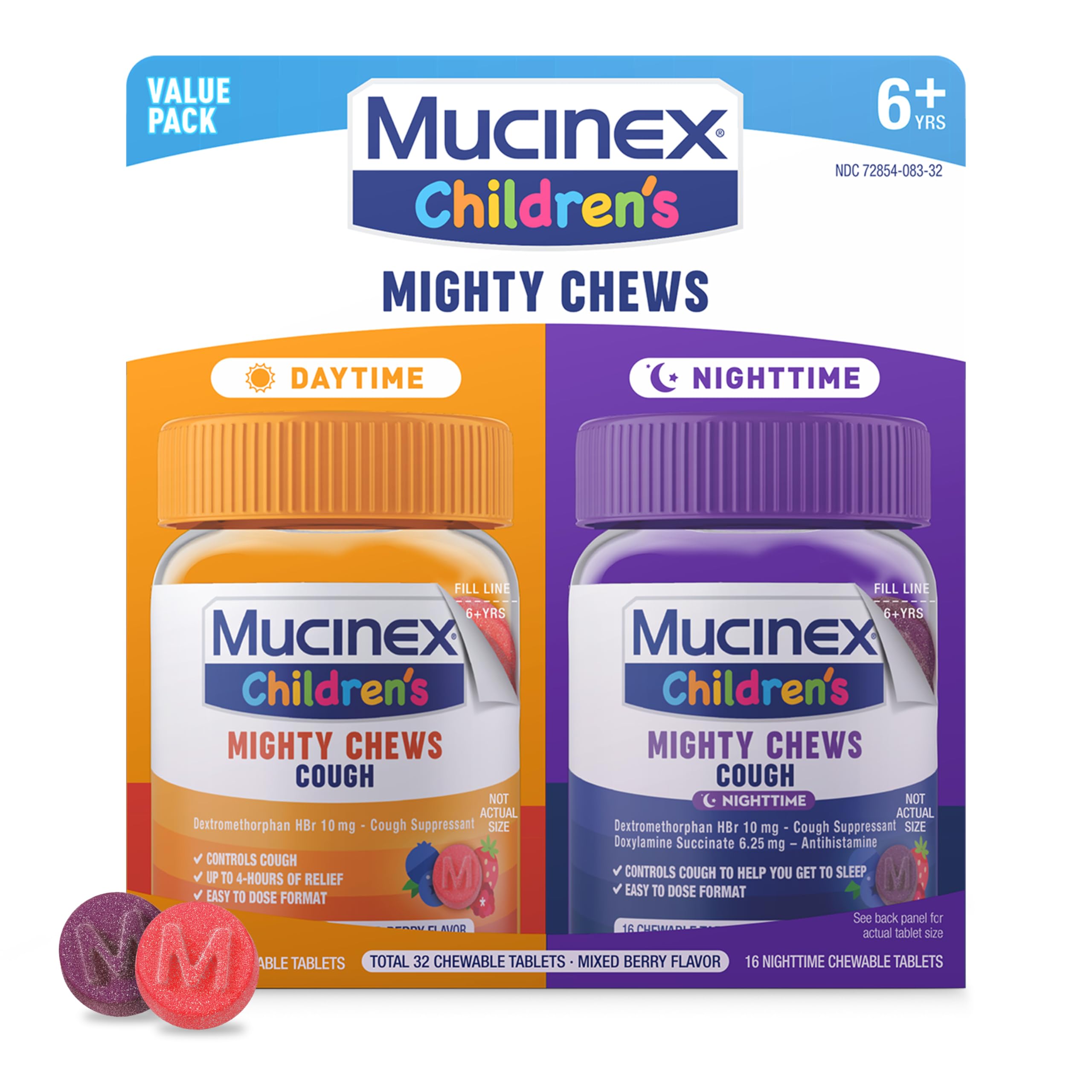 Mucinex Childrens Mighty Chews Kids Cough Medicine Daytime and Nighttime Value Pack, Easy to Dose Cough Suppressant for Kids wi