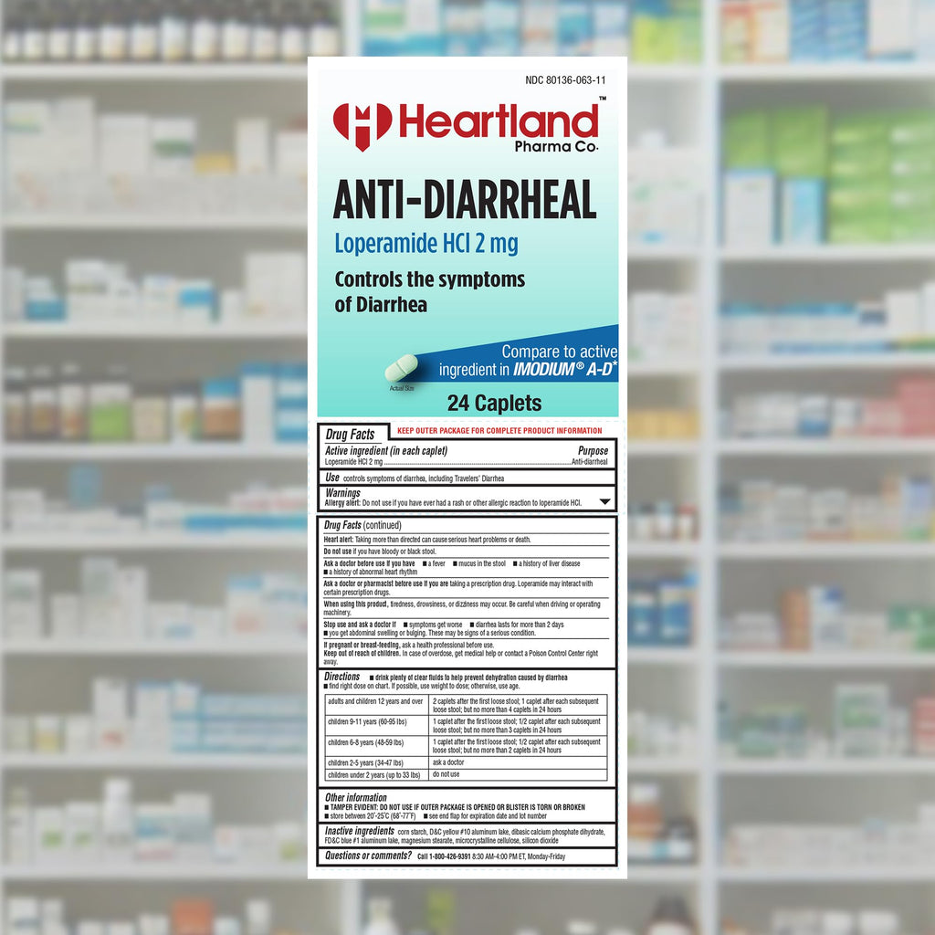 Heartland Pharma Loperamide HCL 2mg Caplet | Anti-diarrheal Medication | Diarrhea Relief | Blister Pack | USA Manufactured | 24